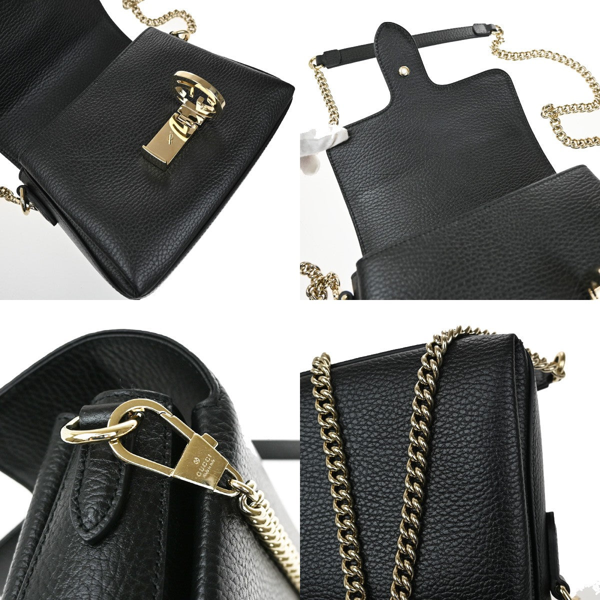 GUCCI Logo Interlocking G Chain Shoulder Bag Leather Black GHW Italy 43RL410