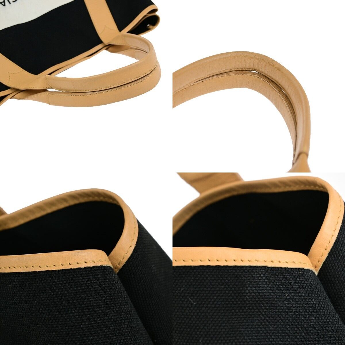 BALENCIAGA Logo Navy Cabas Shoulder Tote Bag Canvas Leather Black White 39EC740