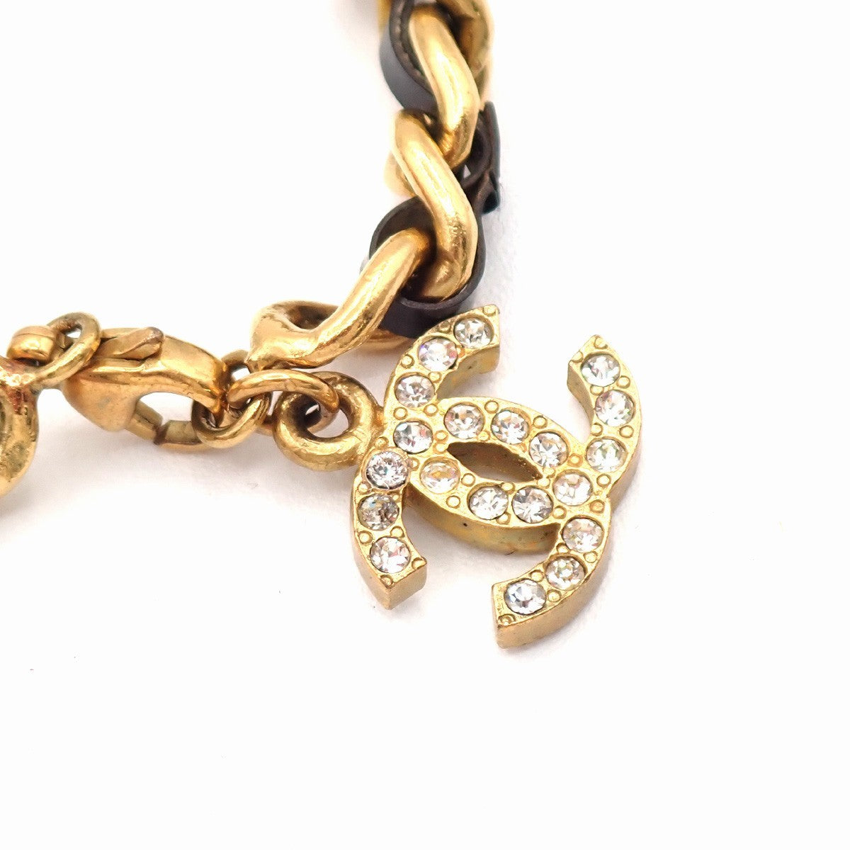 CHANEL CC Rhinestone Chain Bracelet Anklet Leather 95P GHW Black Vintage 12RL959