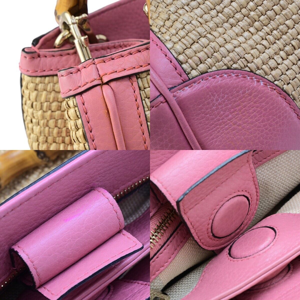 GUCCI Bamboo Shopper 2Way Shoulder Hand Bag Raffia Leather Pink Brown 84ED384