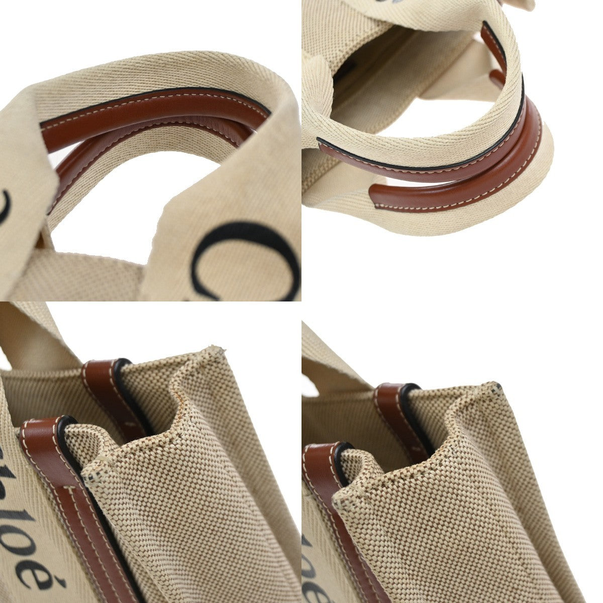 CHLOE Logo Woody Small Hand Tote Bag 100% Cotton Leathr Beige Italy 30KP573