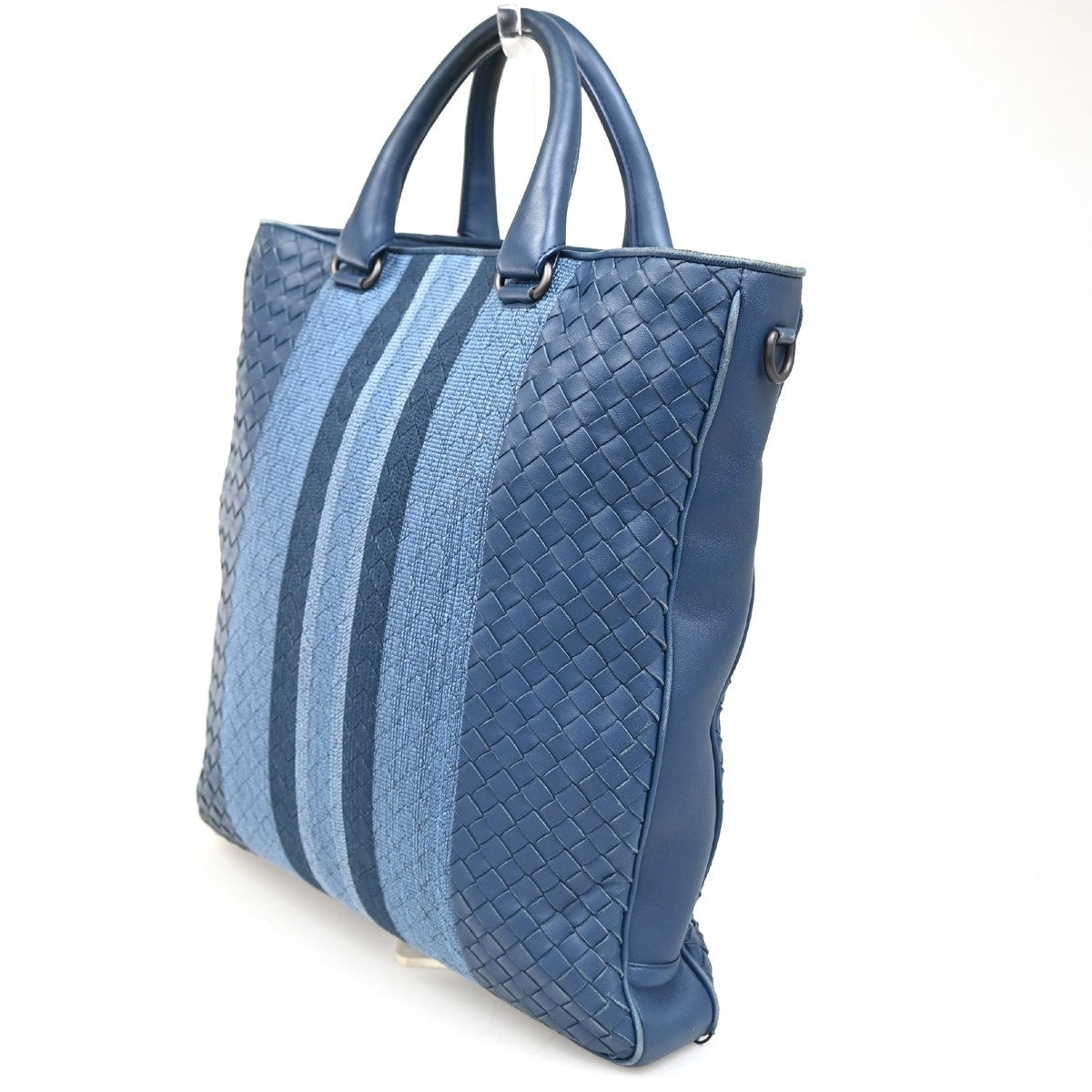 BOTTEGA VENETA Logo Intrecciato Hand Tote Bag Canvas Leather Blue Italy 38ZA106