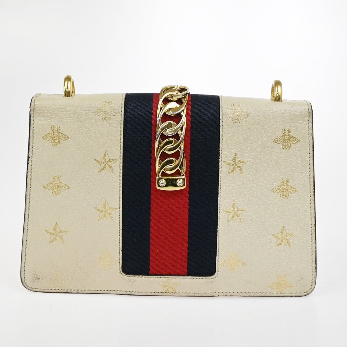 GUCCI Logo Bee Star Print Sylvie Shoulder Bag Leather Web Ribbon Ivory 71YJ087
