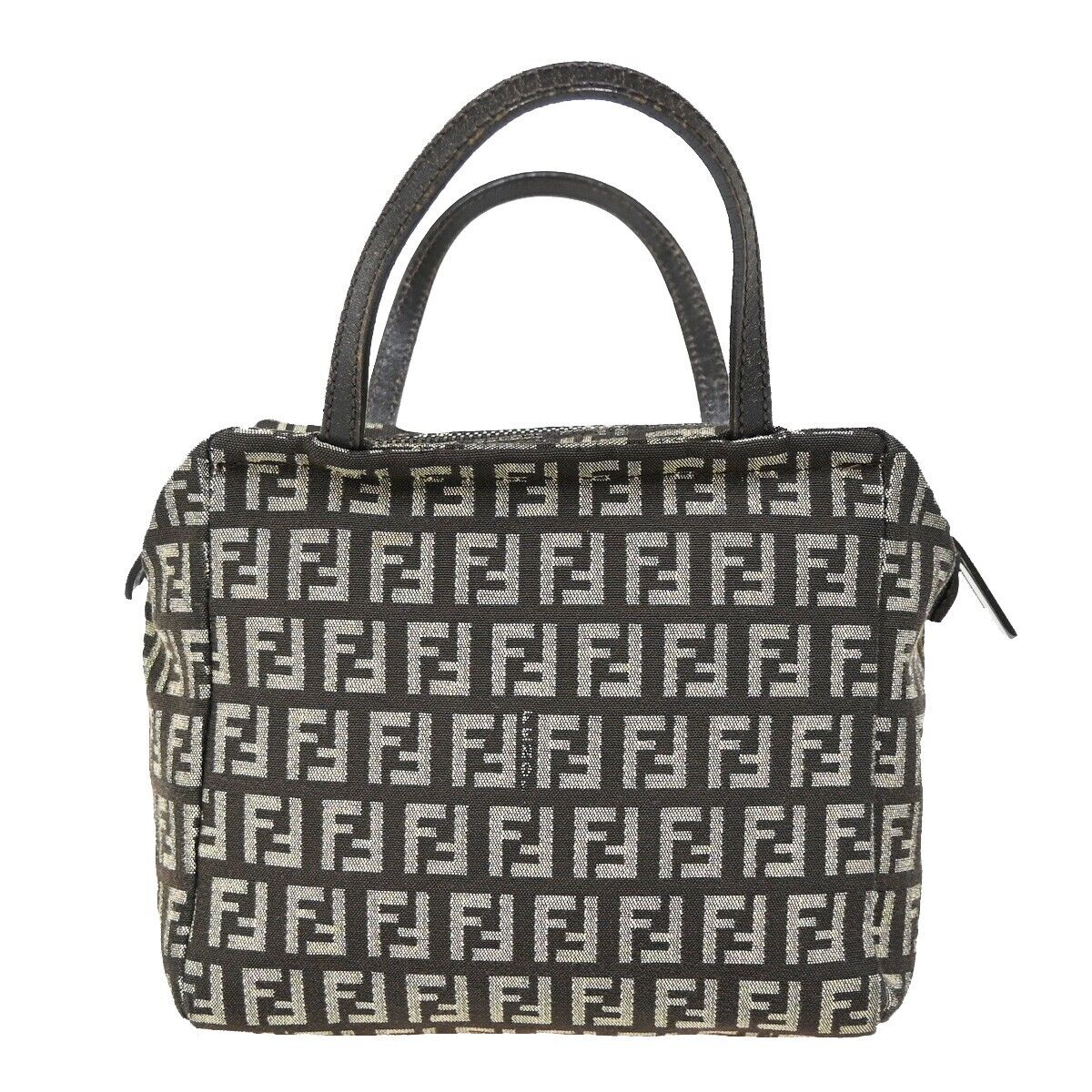 FENDI Logo Zucchino Mini Hand Bag Canvas Leather Brown Silver Italy 61HB935