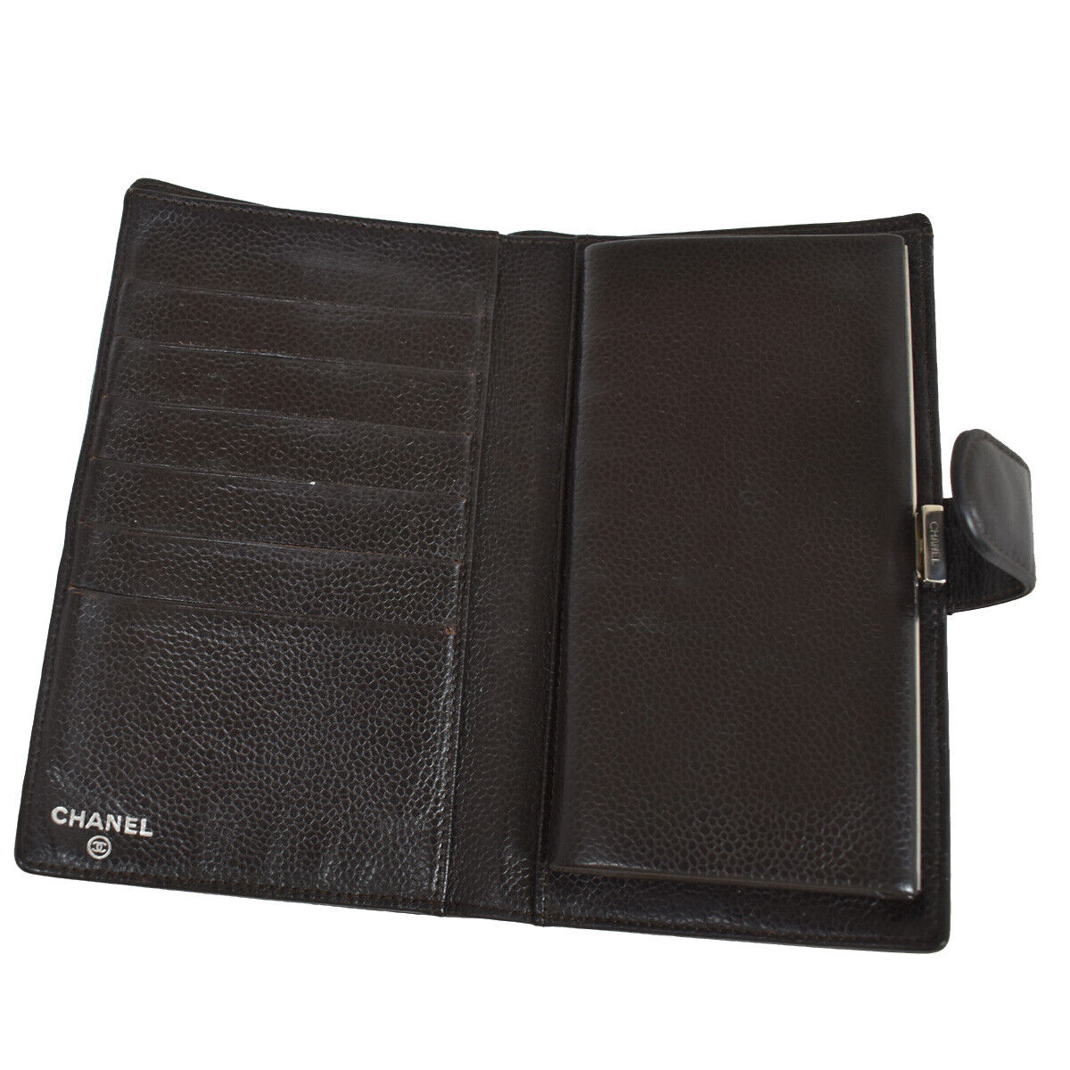 CHANEL CC Logo Long Bifold Wallet Purse Caviar Skin Leather Brown Spain 86RC723
