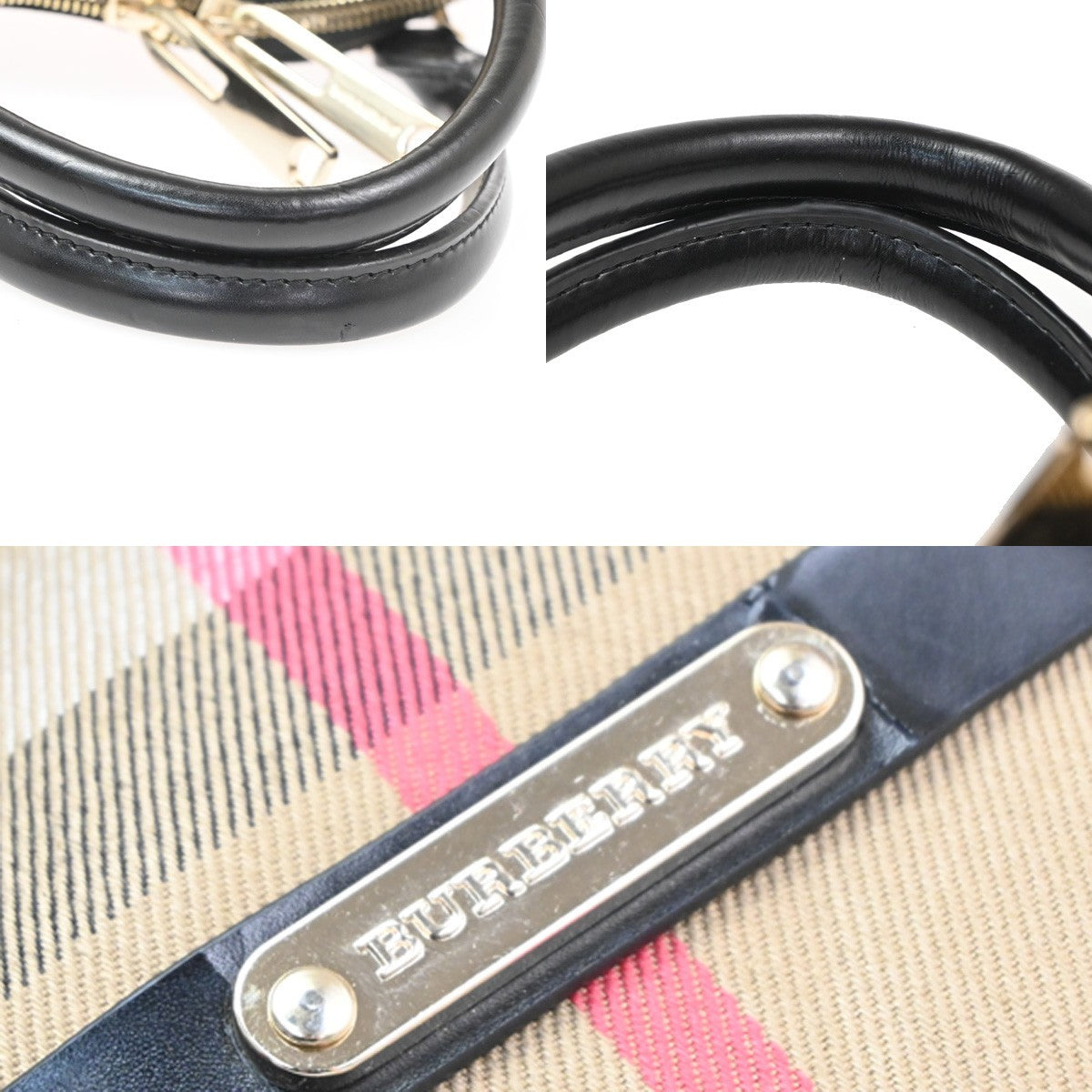 BURBERRY Logo Nova Check Pattern Hand Bag Leather Canvas Black Brown GHW 32TA663