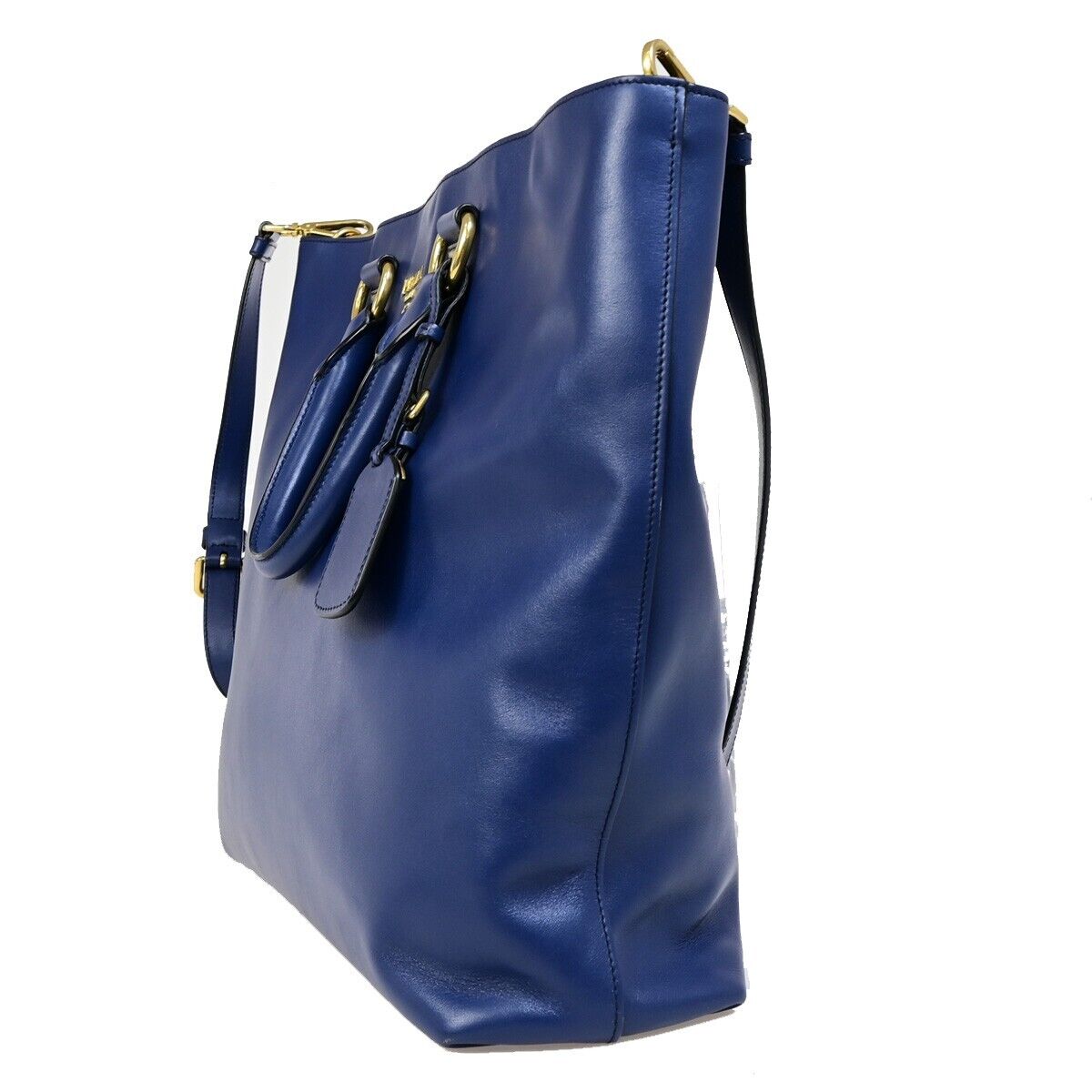 PRADA MILNO Logo 2Way Shoulder Tote Bag Leather Blue Gold-Plated 70EB366