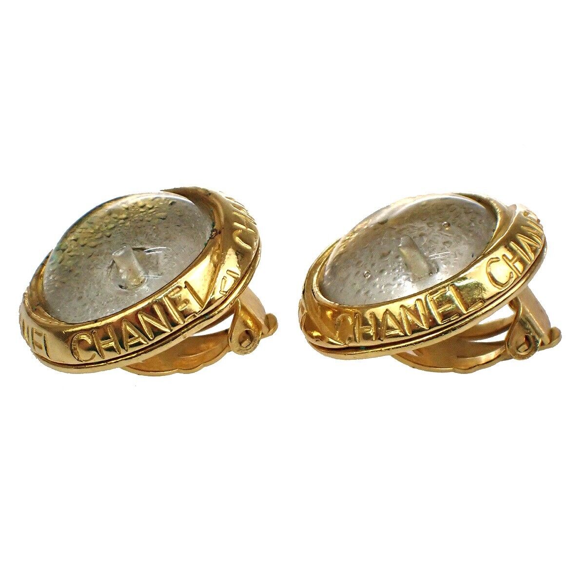 CHANEL CC Round Button Earrings Clip-On 96P Gripoix Clear GHW France VTG 87RH466
