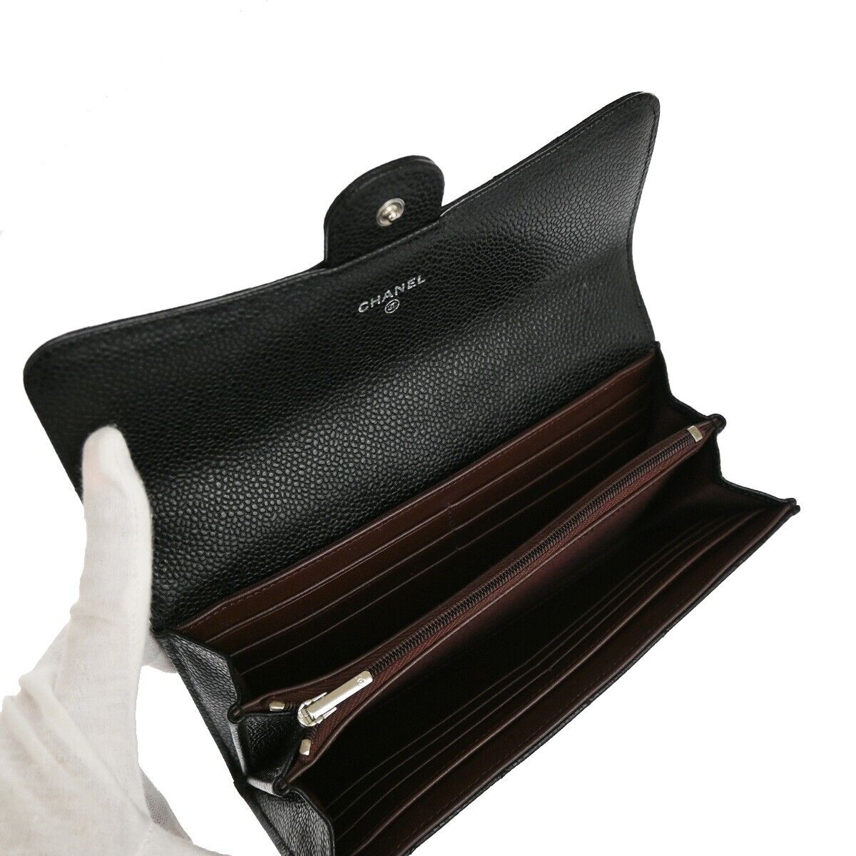 "CHANEL CC Matelasse Long Bifold Wallet Purse Caviar Leather Black SHW 41RJ205