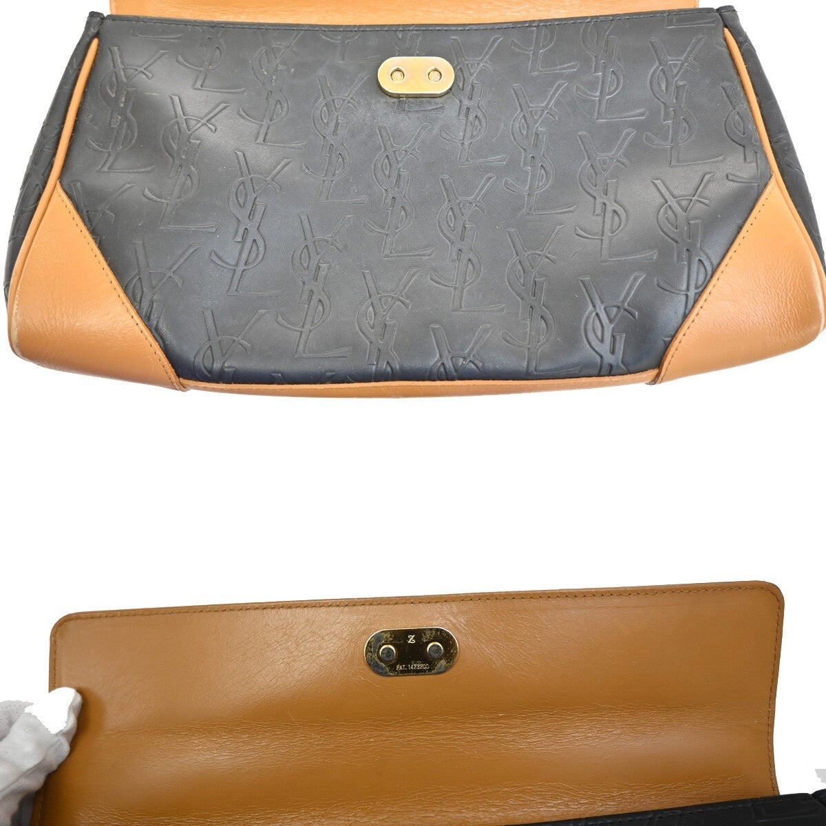 YVES SAINT LAURENT YSL Logo Hand Bag PVC Leather Black Brown Gold 03EE380