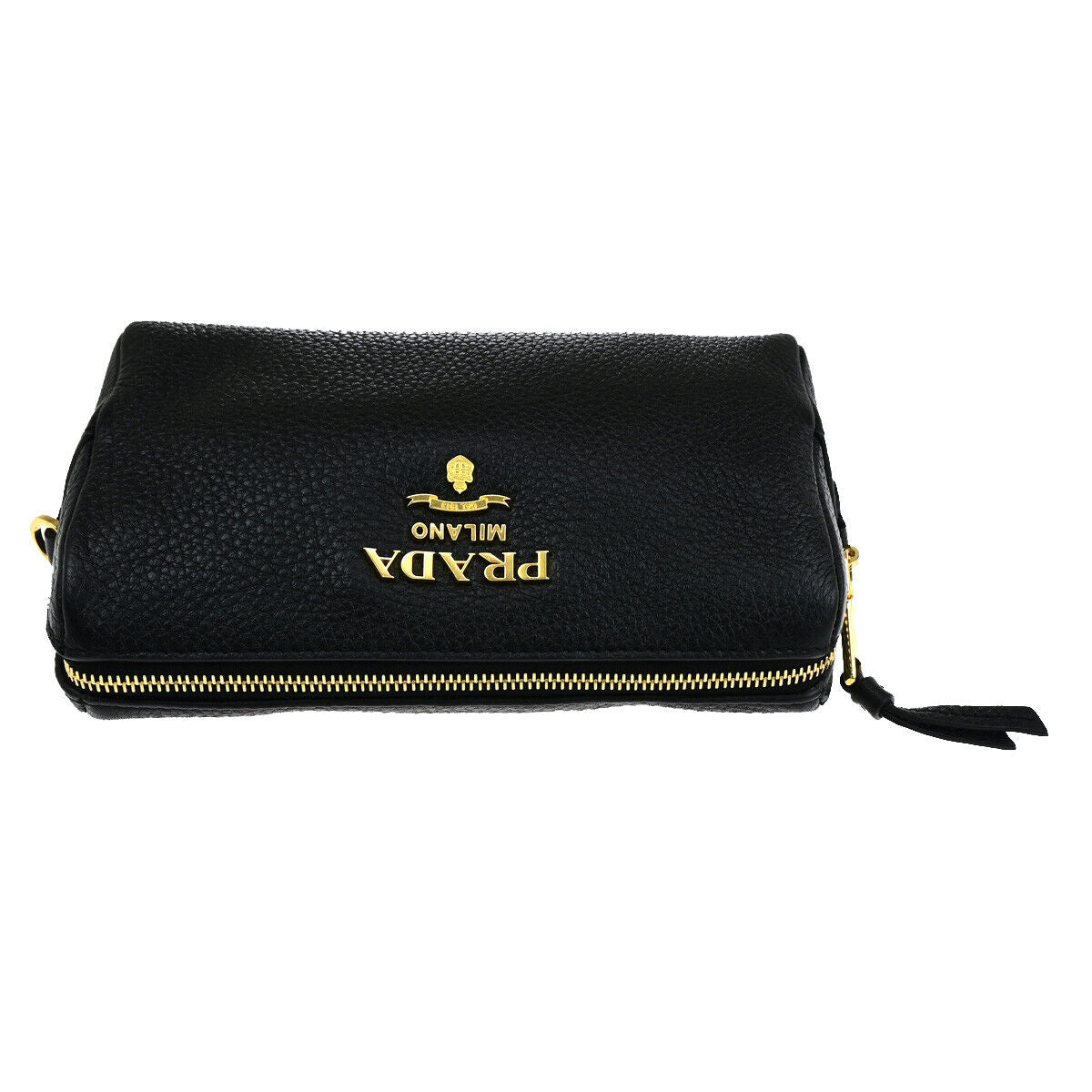 PRADA Logo Cosmetic Pouch VITTELO DAINO Leather Black GHW 32SJ082