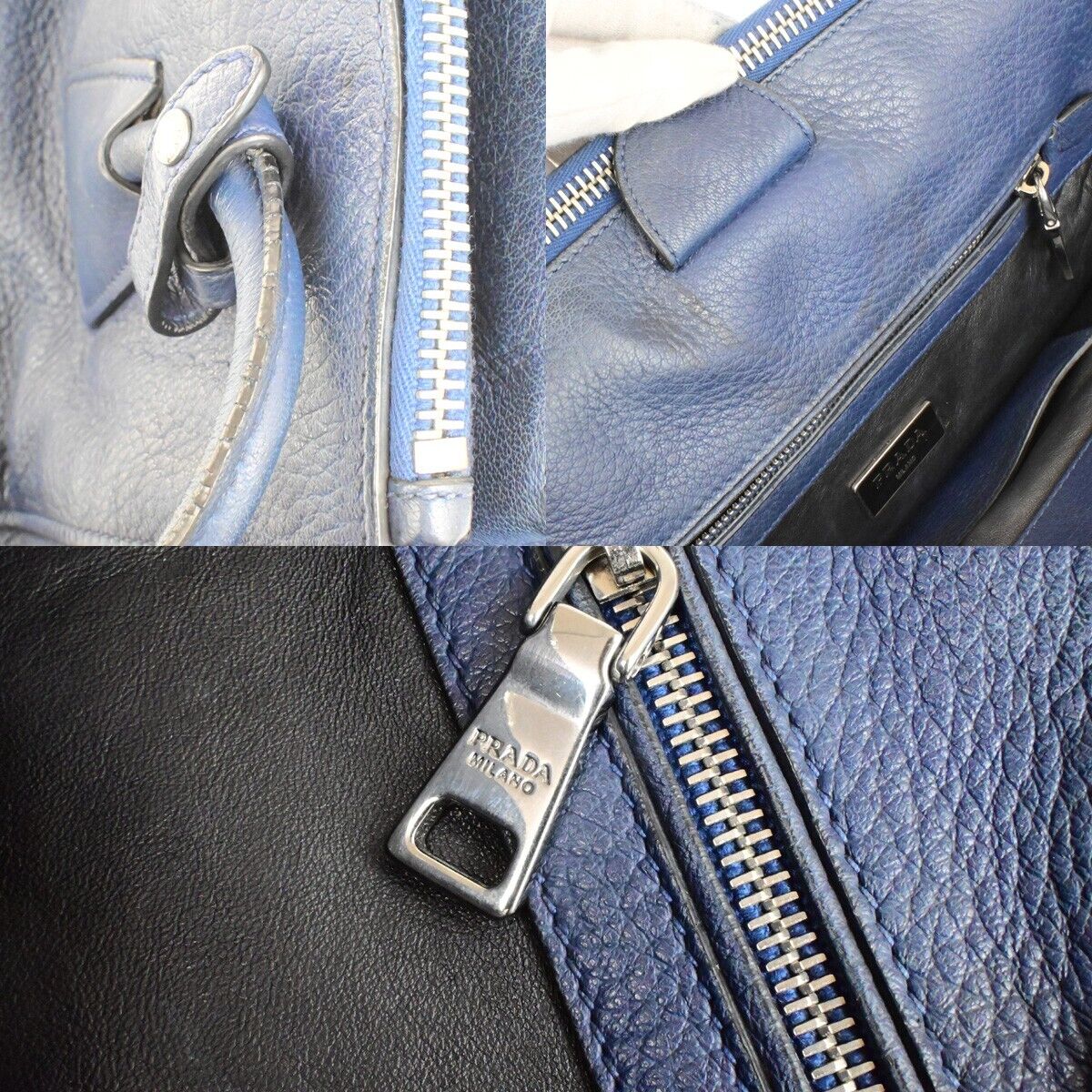 PRADA Milano Logo Shoulder Hand Bag Leather Navy Blue SHW Italy 31ED928