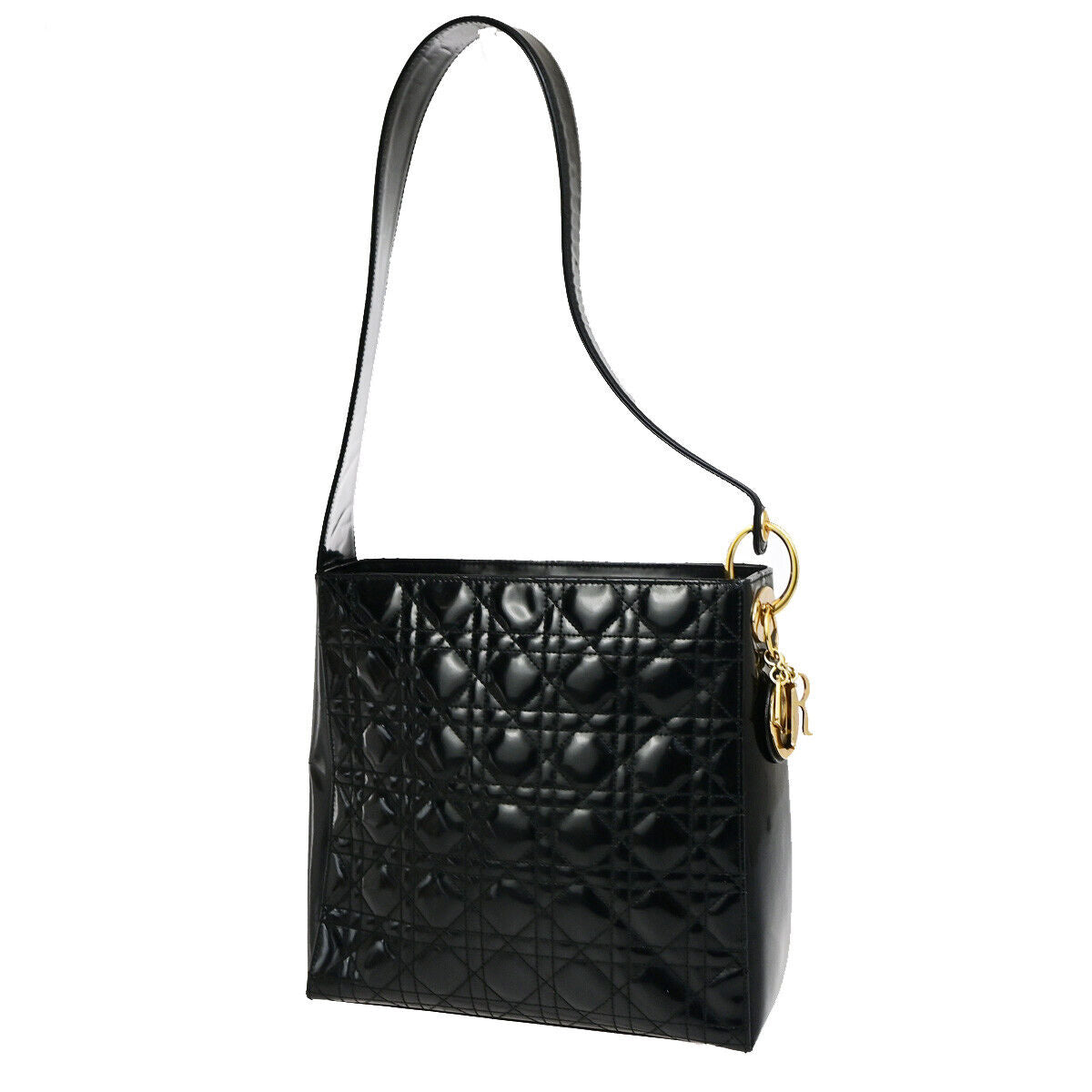 CHRISTIAN DIOR Logo Cannage Shoulder Bag Patent Leather Black GHW Italy 31YG637