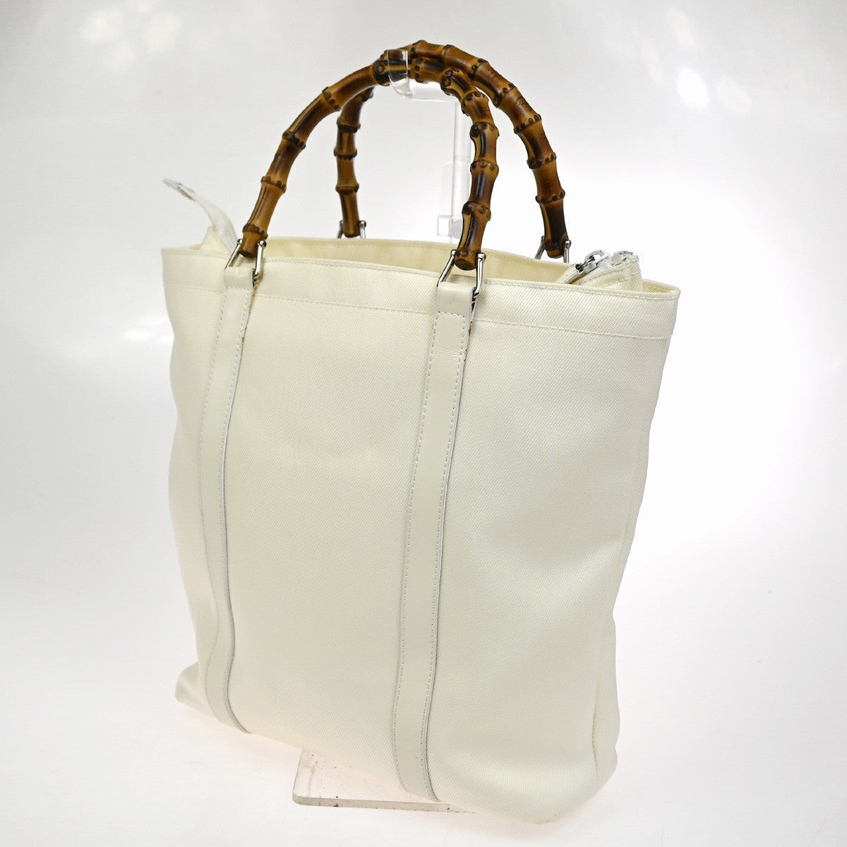 GUCCI Logo Bamboo Tote Handbag Nylon Patent Leather White SHW Italy 66KC967