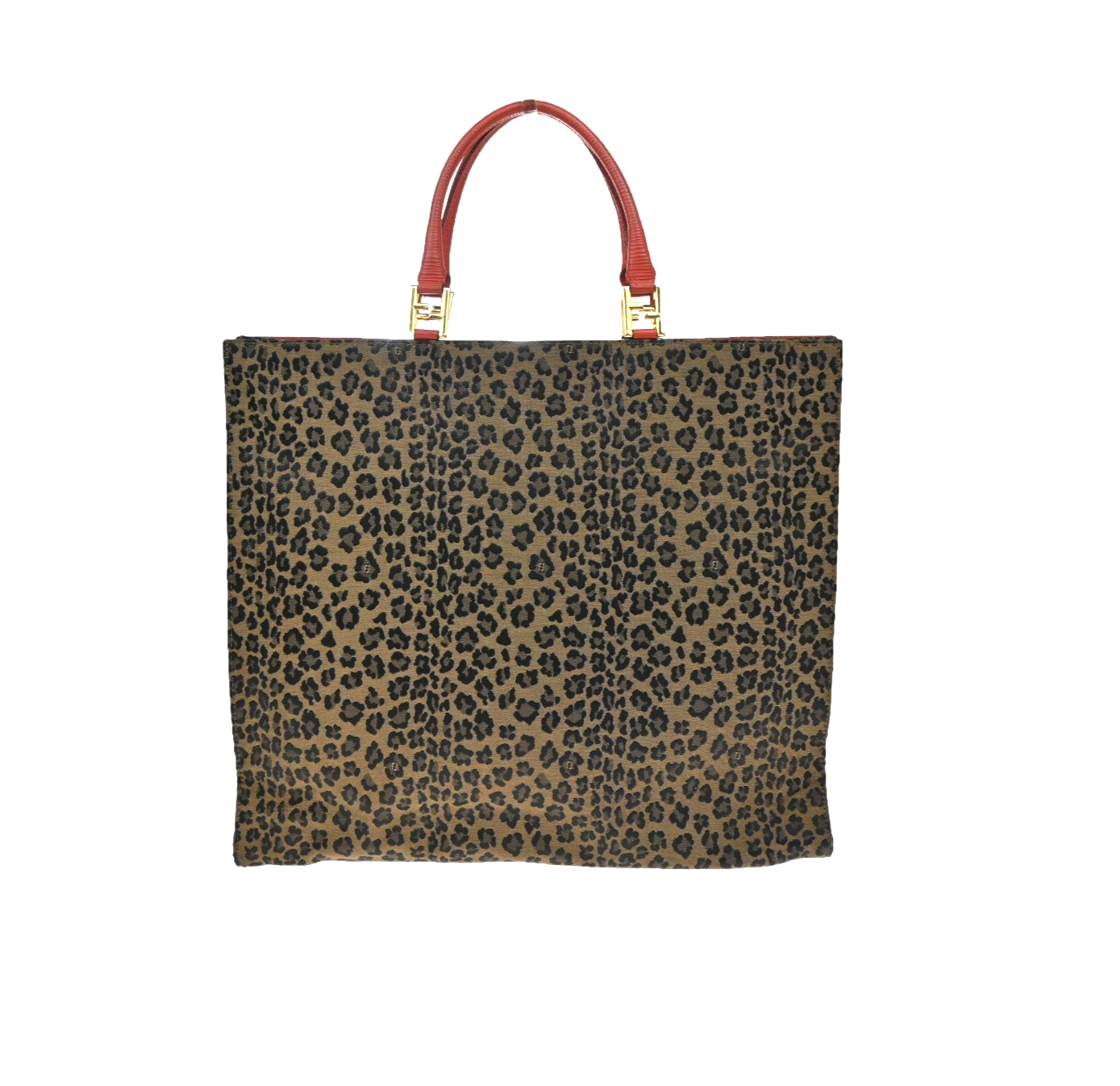 FENDI Logo Leopard Pattern Hand Bag Canvas Leather Brown Red Italy 38KD067