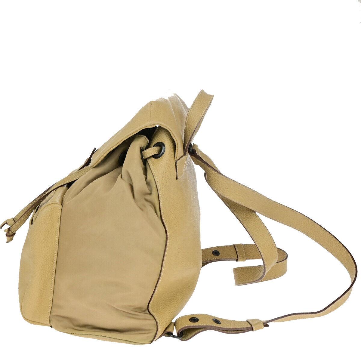 PRADA Logo Backpack Bag Drawstring Nylon Leather Beige Italy 38YF112