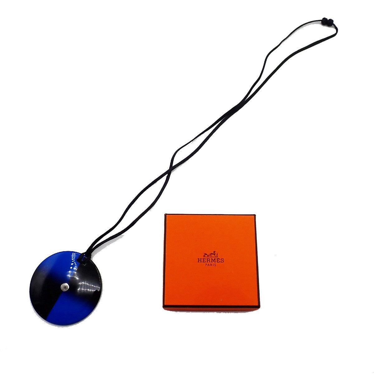 HERMES Logo Round Necklace Pendant Lacquered Horn Blue 69KP062