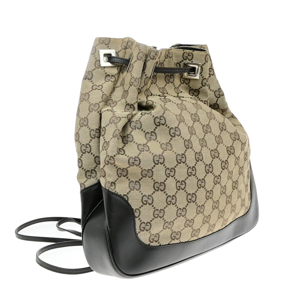 GUCCI Logo GG Pattern Drawstring Backpack Bag Canvas Leather Brown SHW 35EE038
