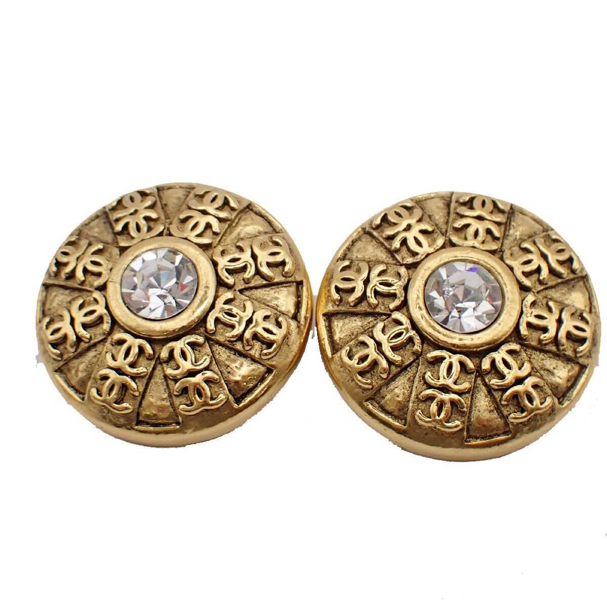 CHANEL CC Logo Rhinestone Round Button Earrings 23 Clip-On GHW Vintage 84YE513