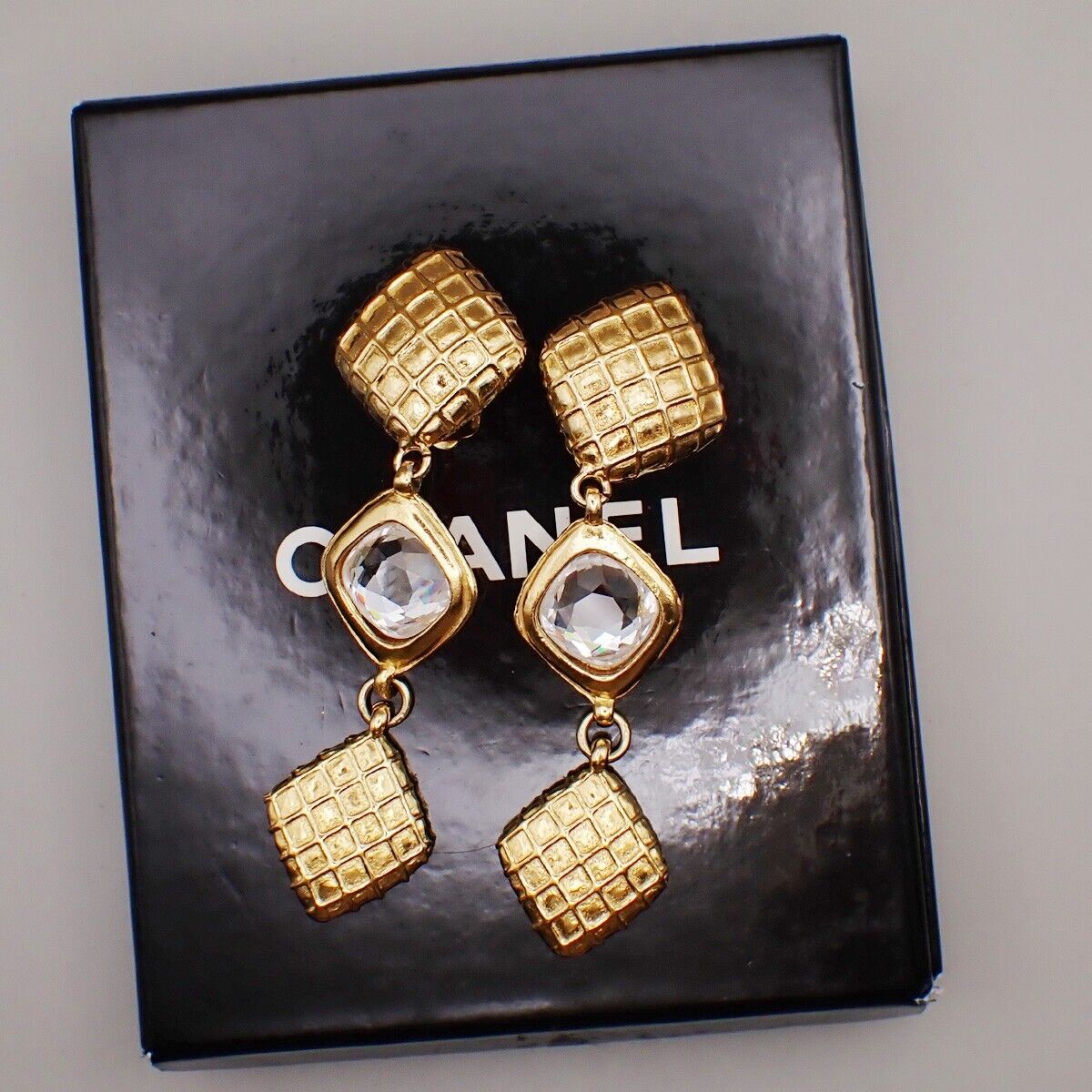 CHANEL Matelasse Diamond Shape Drop Earrings Rhinestone Clip-On Gold 73RL067