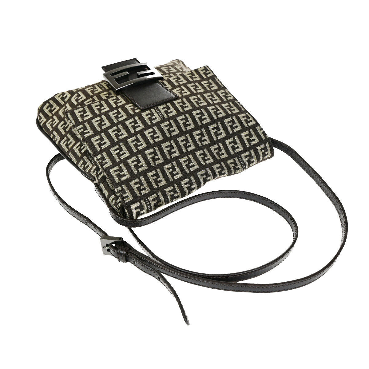 FENDI Logo Zucchino Shoulder Bag Canvas Leather Brown SHW Italy 70SJ496