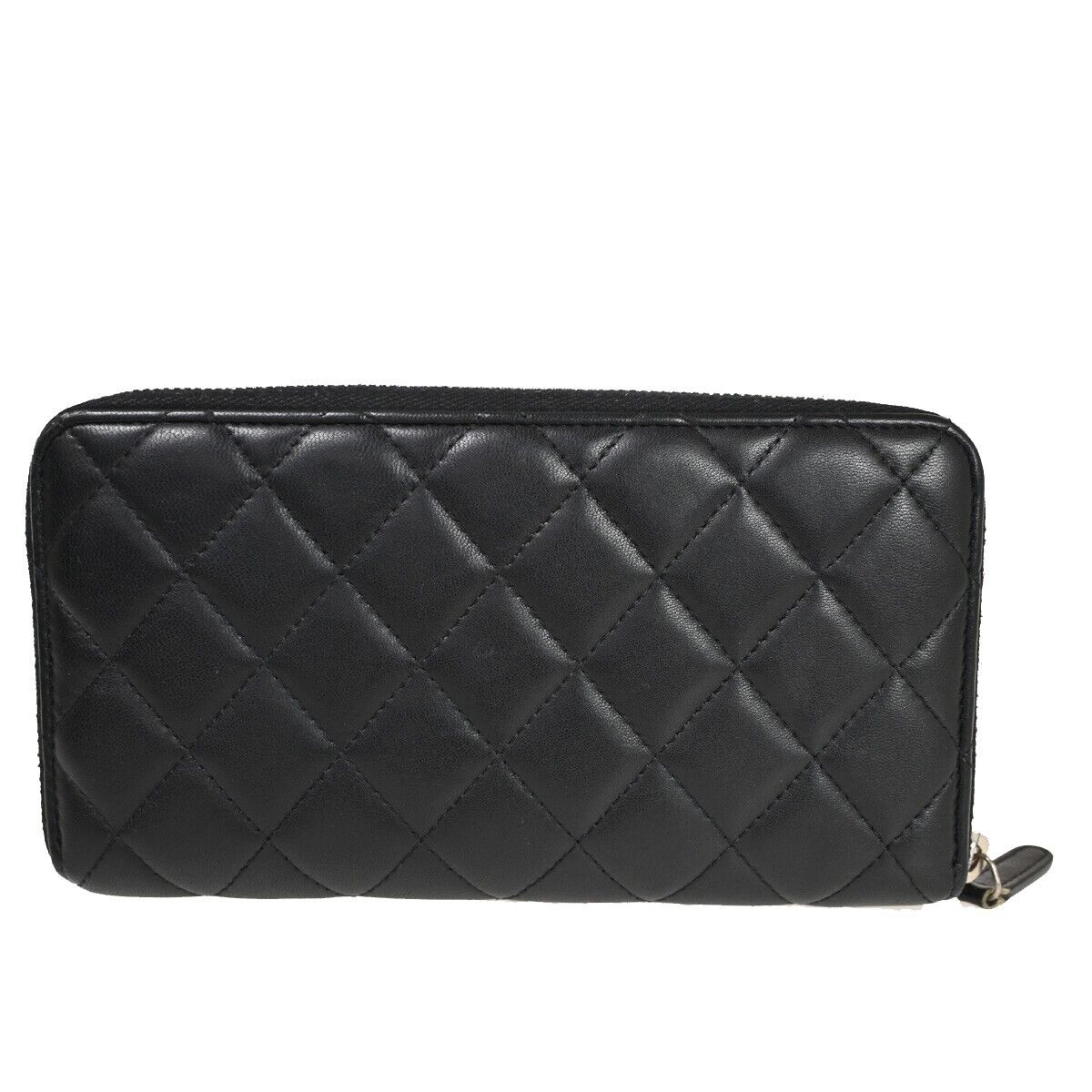 CHANEL CC Logo Zip Around Wallet Purse Matelasse Leather Black Silver 16HB878