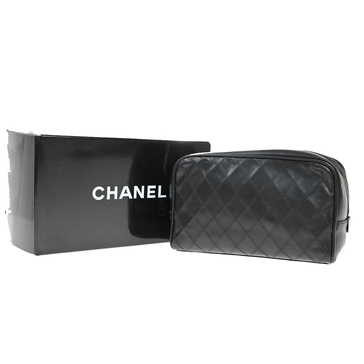 CHANEL CC Logo Bicolore Vanity Bag Pouch Leather Black GHW Italy 88KB491