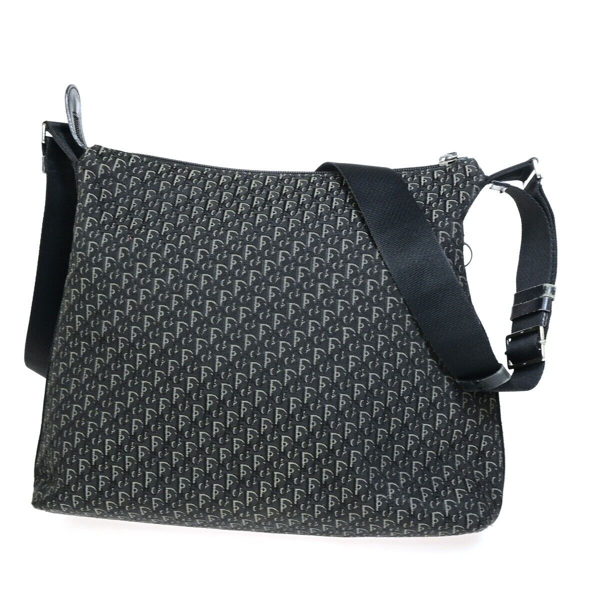 CHRISTIAN DIOR Logo Trotter Pattern Shoulder Bag Canvas Leather Black 83FA741