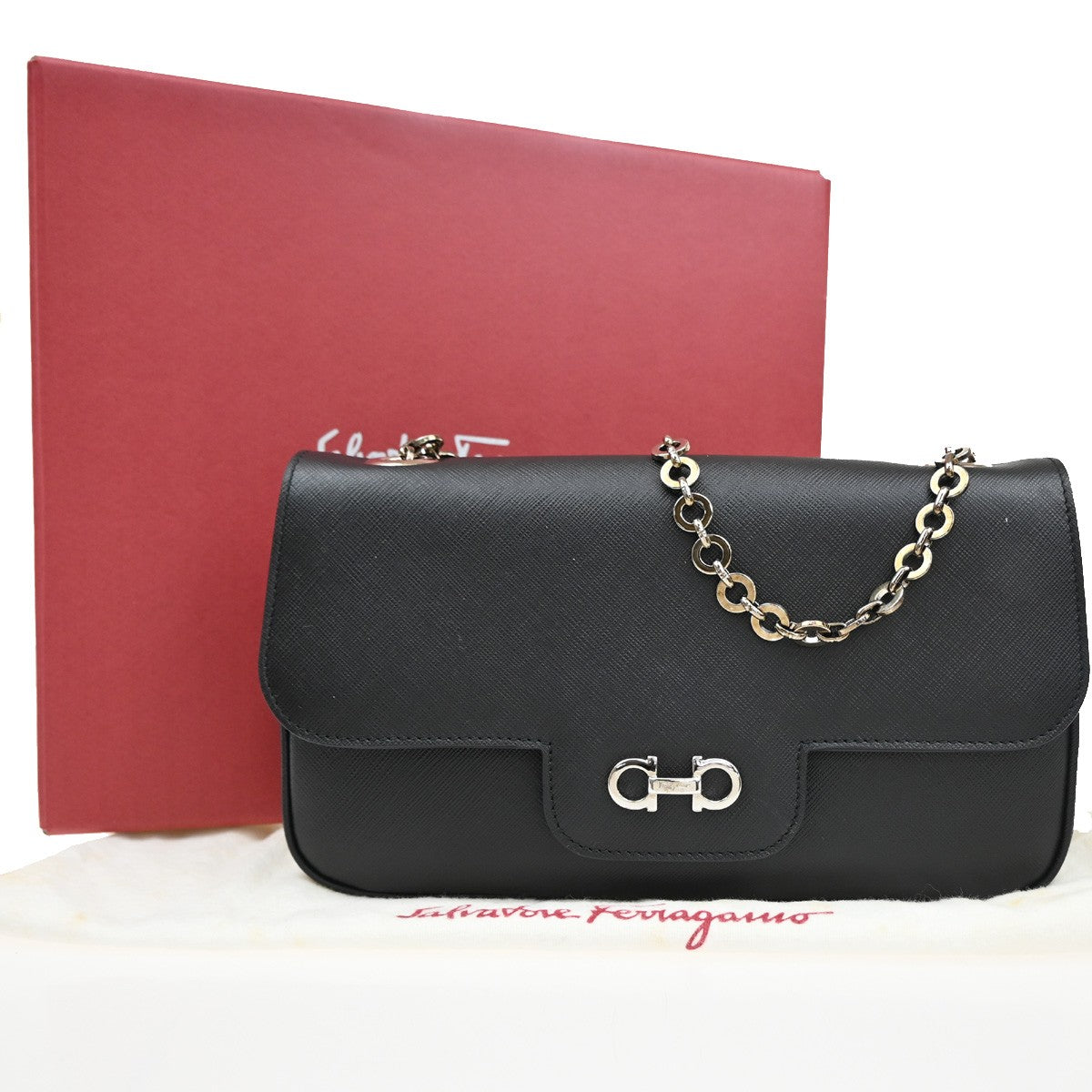 SALVATORE FERRAGAMO Logo Gancini Chain Shoulder Bag Leather Black SHW 33YH542