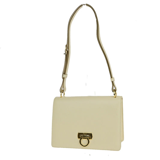 SALVATORE FERRAGAMO Logo Gancini Shoulder Bag Leather Ivory Gold 30SJ116