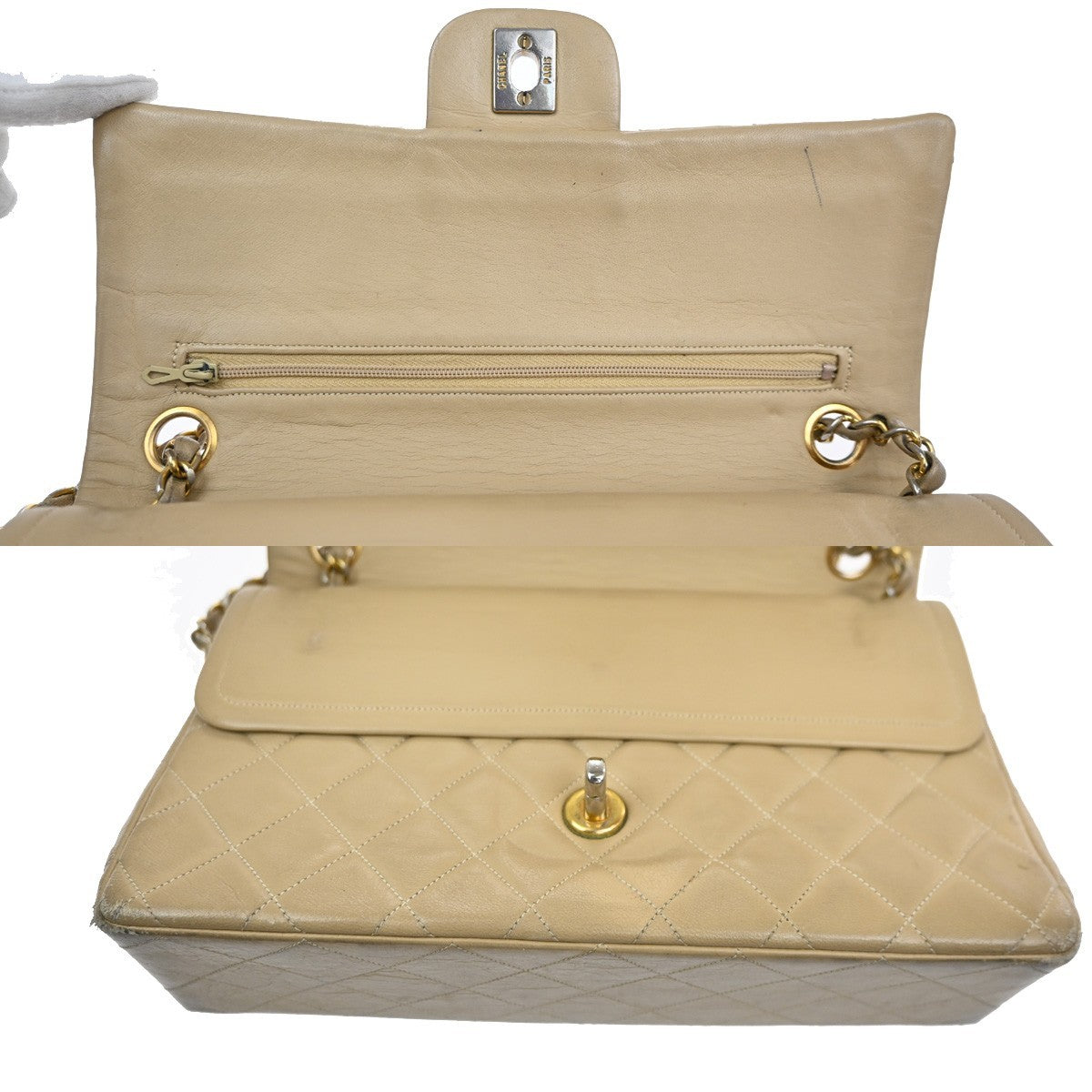 CHANEL CC Matelasse 25 Double Flap Cahin Shoulder Bag Leather Beige GHW 397RL943