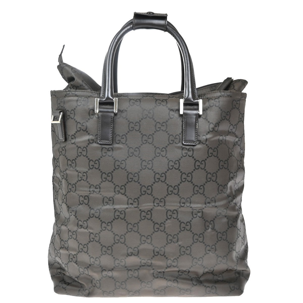 GUCCI Logo GG Pattern Hand Bag Nylon Leather Brown Silver Italy 66KP414