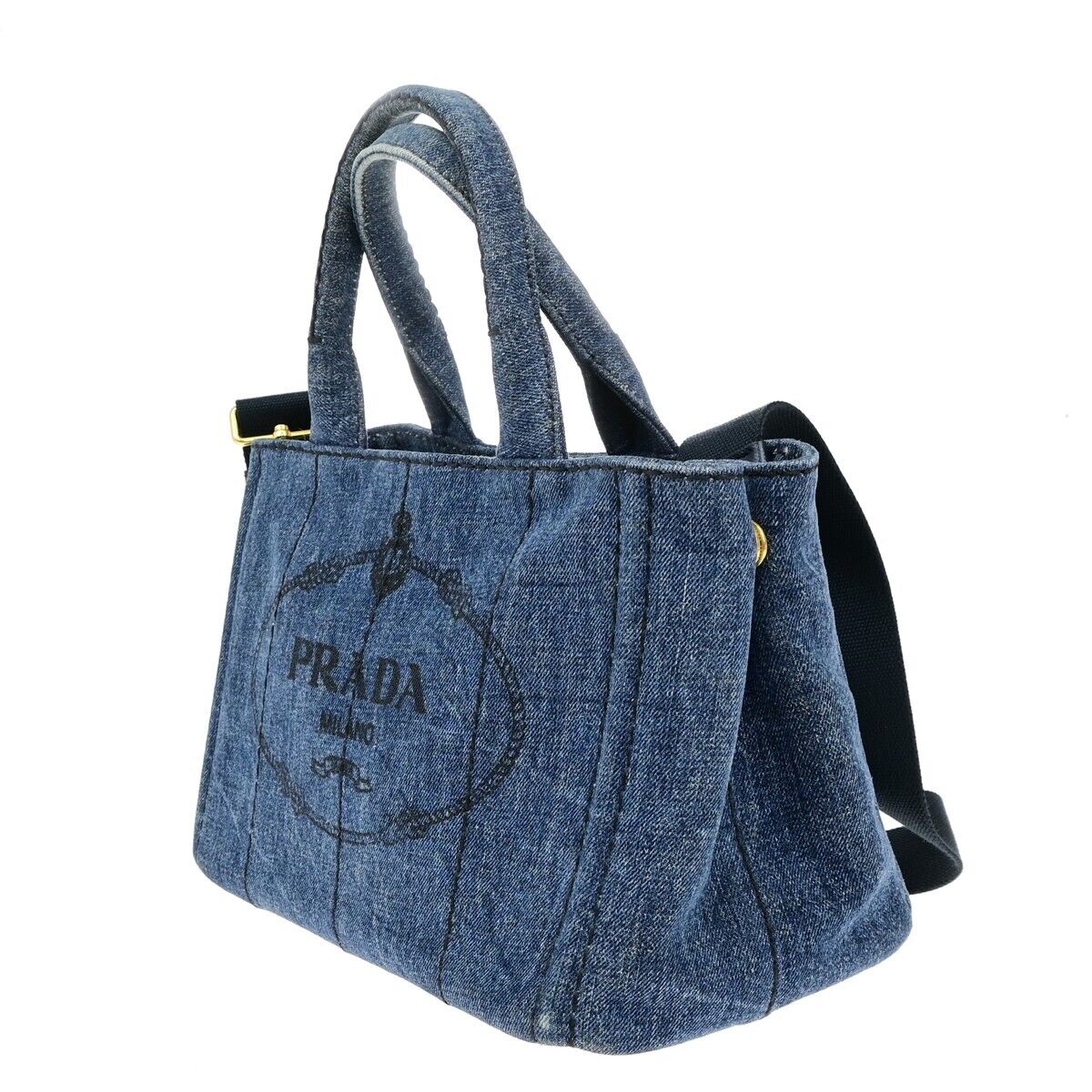 PRADA Milano Logo CANAPA 2Way Shoulder Hand Bag Denim Leather Blue GHW 85EE041