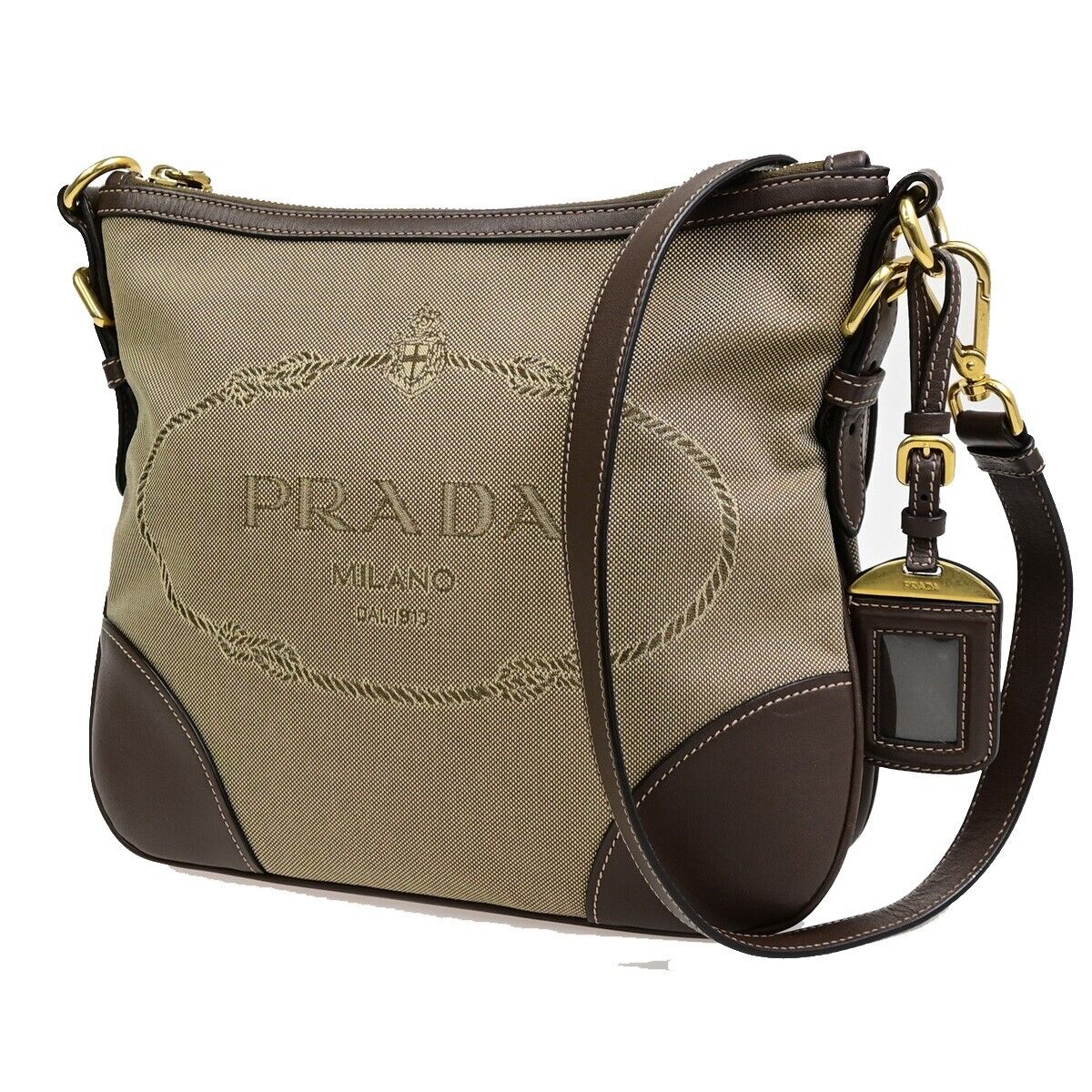 PRADA Logo Crossbody Shoulder Bag Jacquard Leather Brown GHW 18FB345