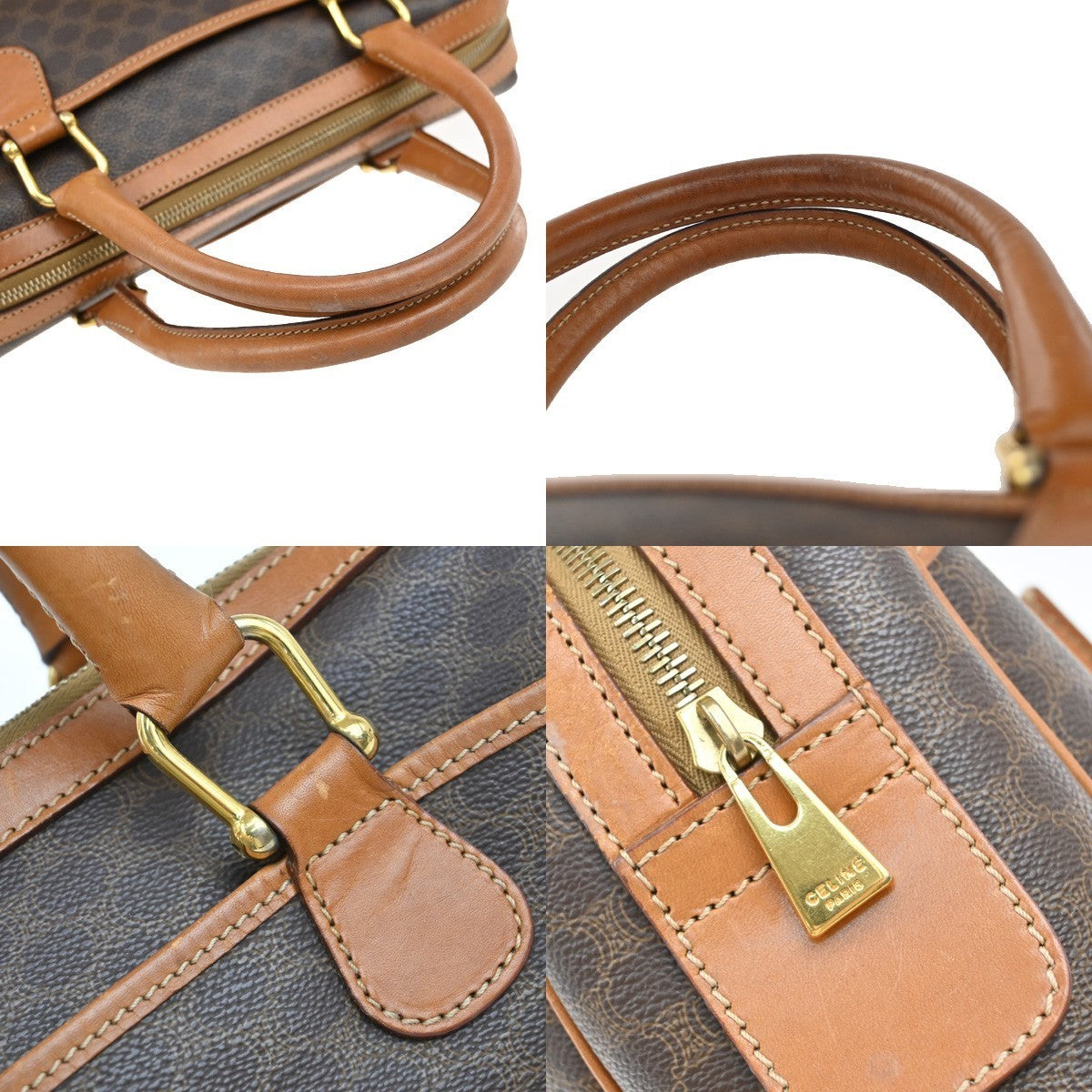 CELINE Logo Macadam Pattern Travel Hand Boston Bag PVC Leather Brown 69KB421