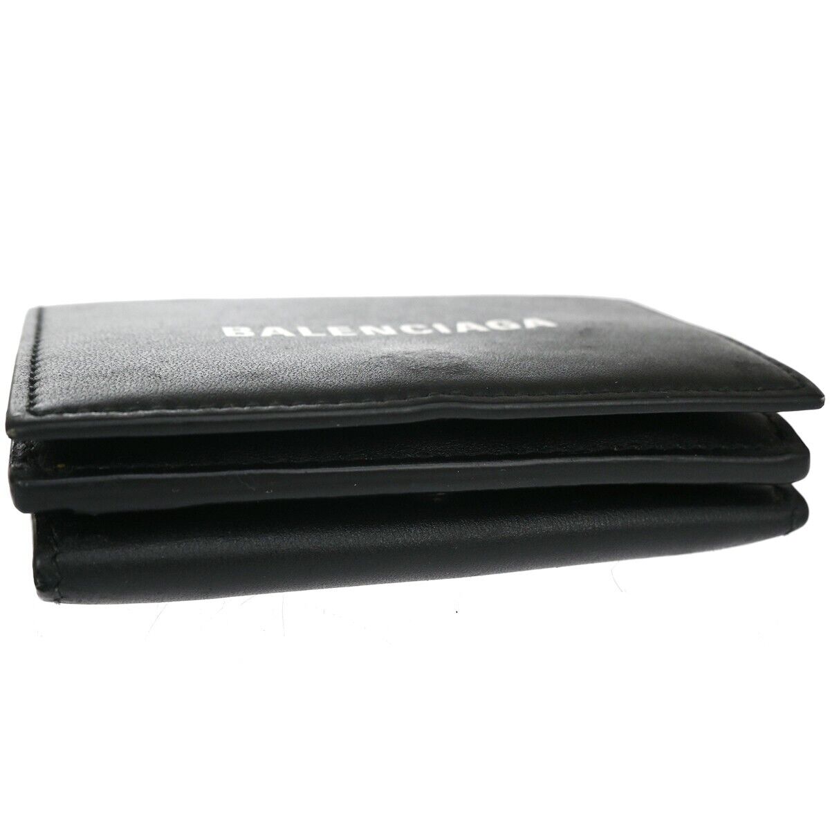 BALENCIAGA Logo Everyday Mini Trifold Wallet Purse Leather Black Italy 64EA106