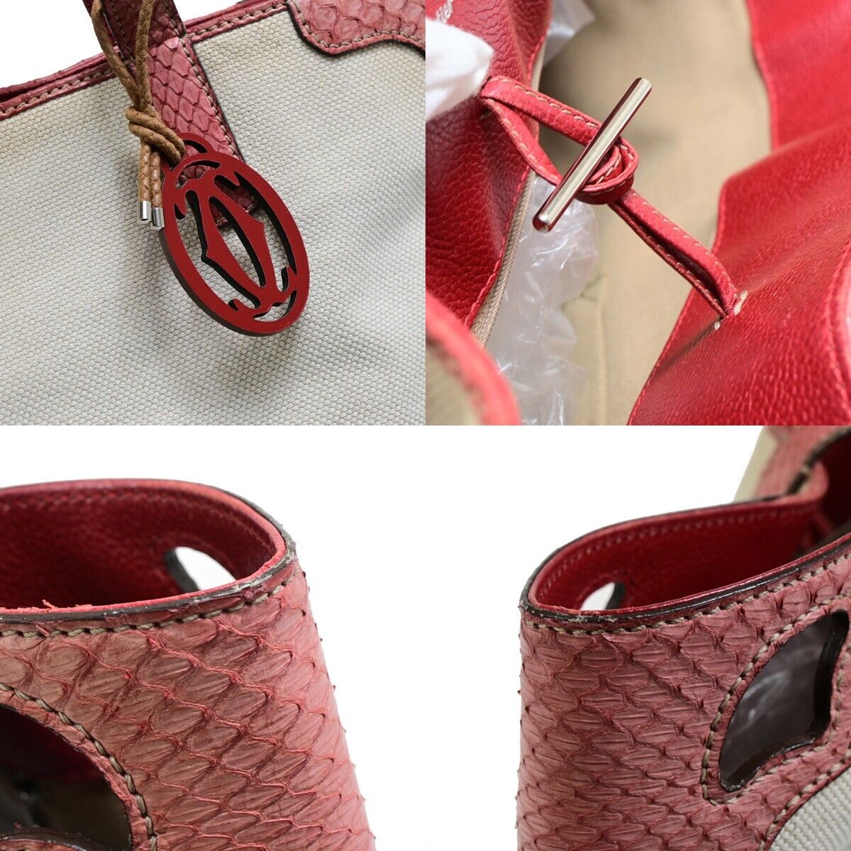 CARTIER Logo Marcello Shoulder Tote Bag Canvas Exotic Leather Beige Red 36FA996