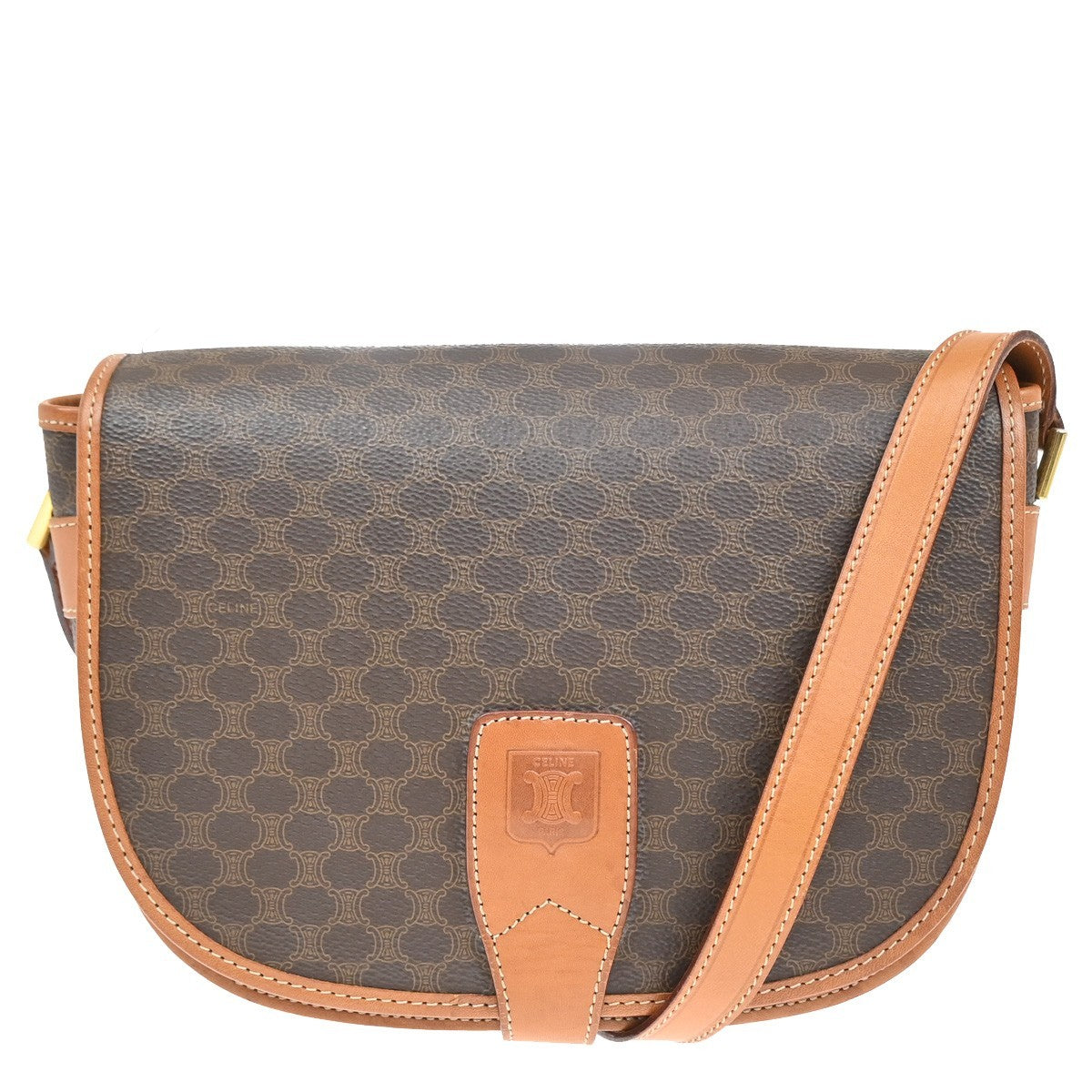 CELINE Logo Macadam Pattern Shoulder Bag PVC Leather Brown GHW Italy 35CA072