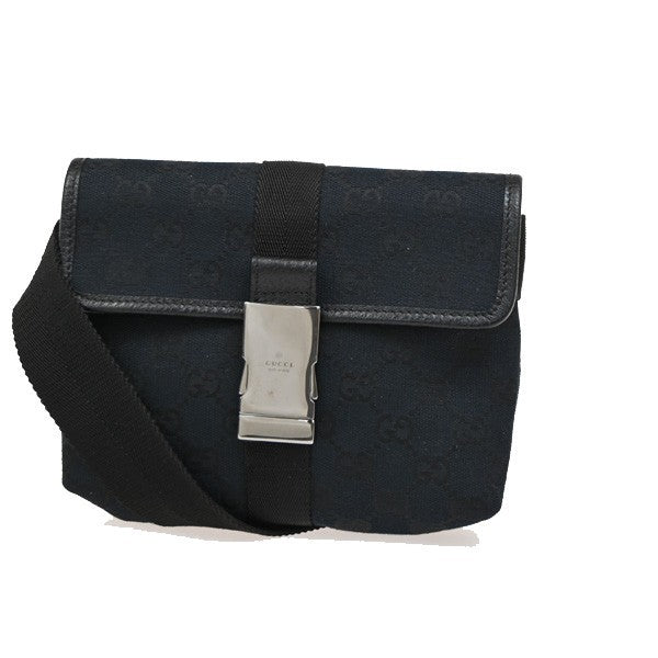 GUCCI Logo GG Pattern Mini Waist Belt Bag Canvas Leather Black SHW Italy 76DA248