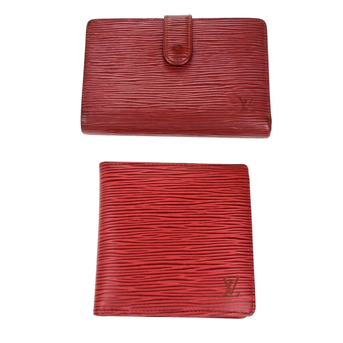 LOUIS VUITTON LV Logo 2 Set Bifold Wallet Purse Epi Leather Red Ruby 09ED974