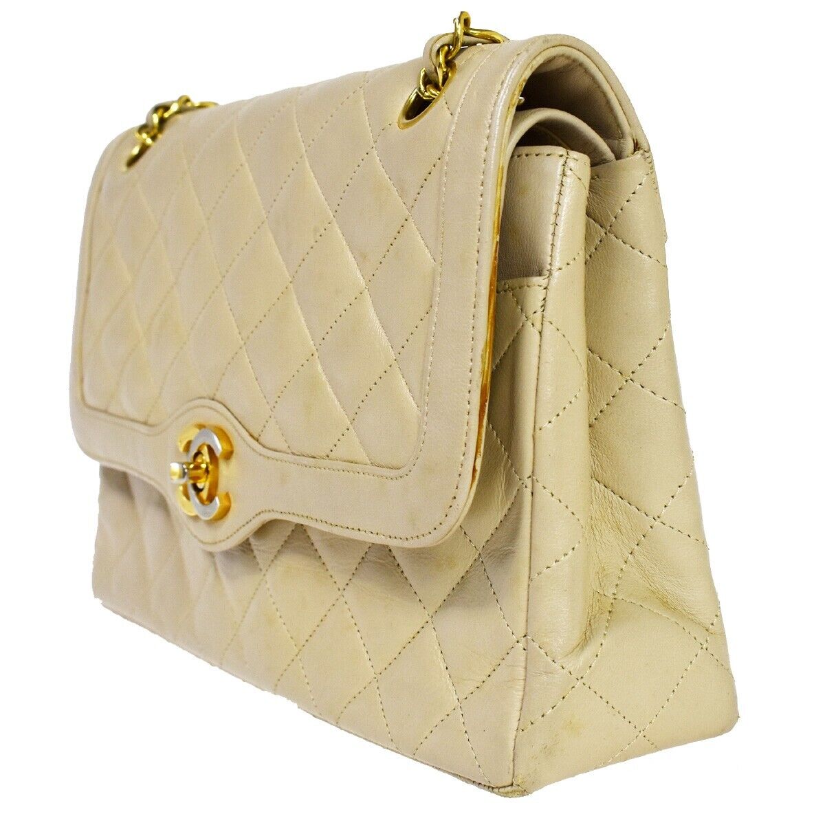 CHANEL CC Double Flap Paris Matelasse Chain Shoulder Bag Beige Vintage 648RH752