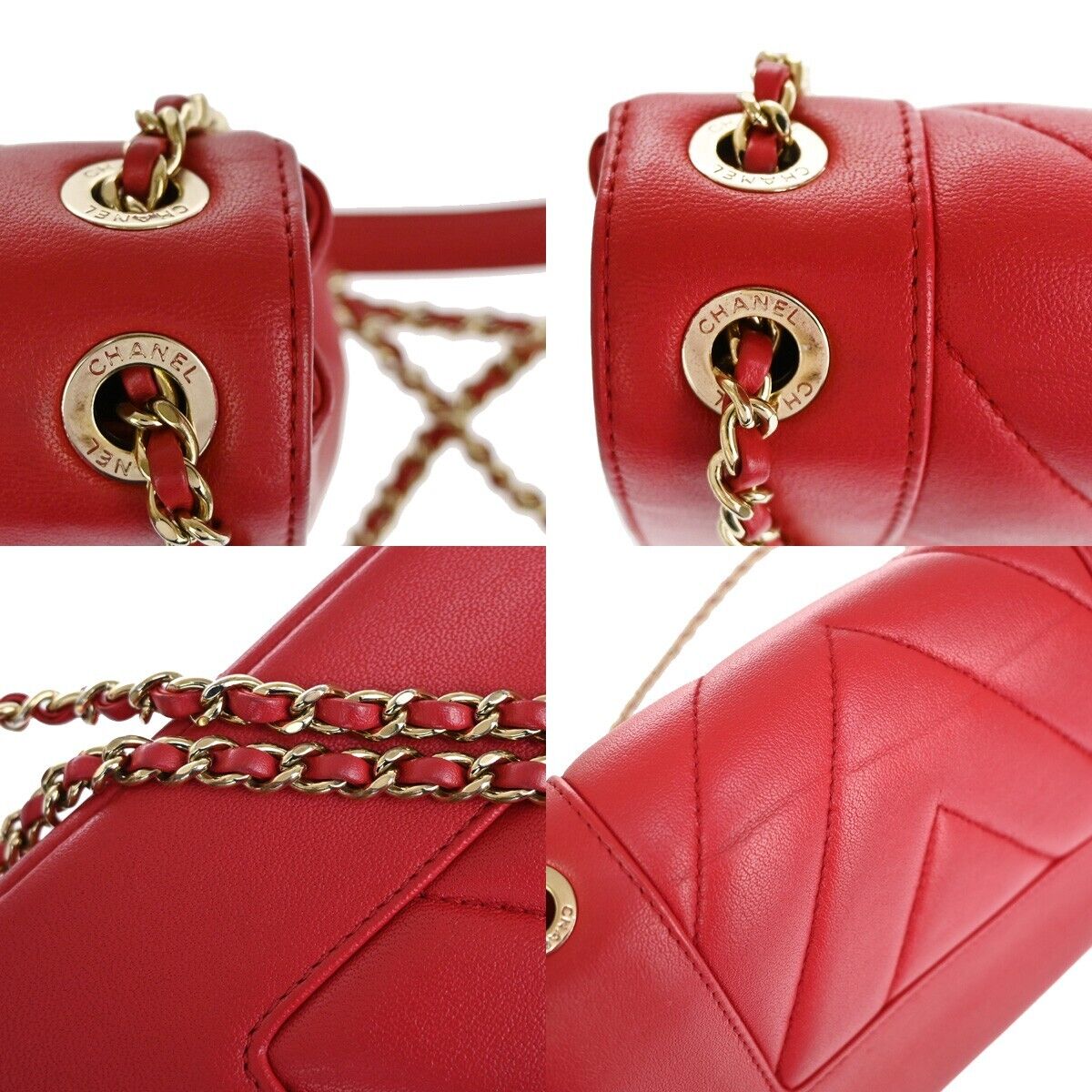 CHANEL CC Logo V Stitch Double Flap Chain Shoulder Bag Leather Red GHW 804RJ284