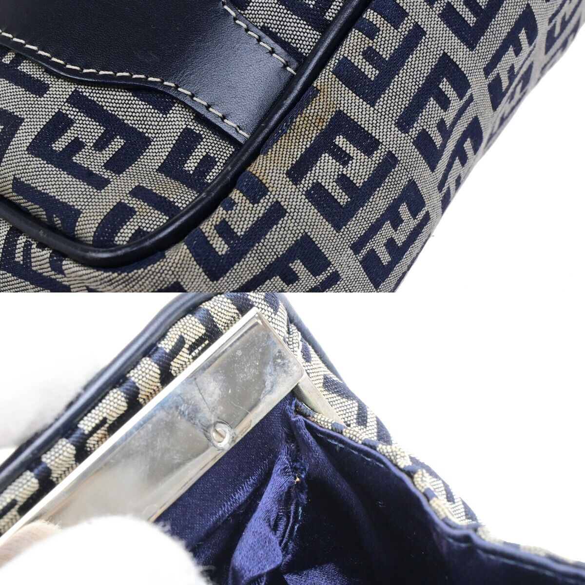FENDI Logo Zucchino Pattern Hand Bag Nylon Leather Navy Blue Silver 31KA551