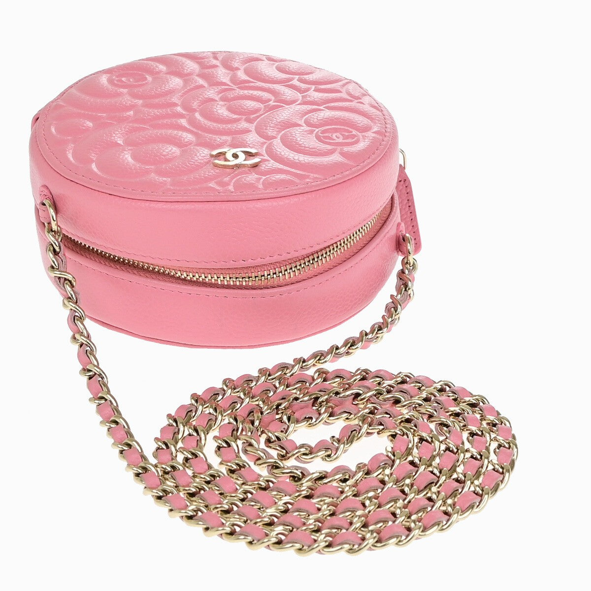 CHANEL CC Logo Camellia Round Mini Chain Shoulder Bag Grained Pink 337RK175