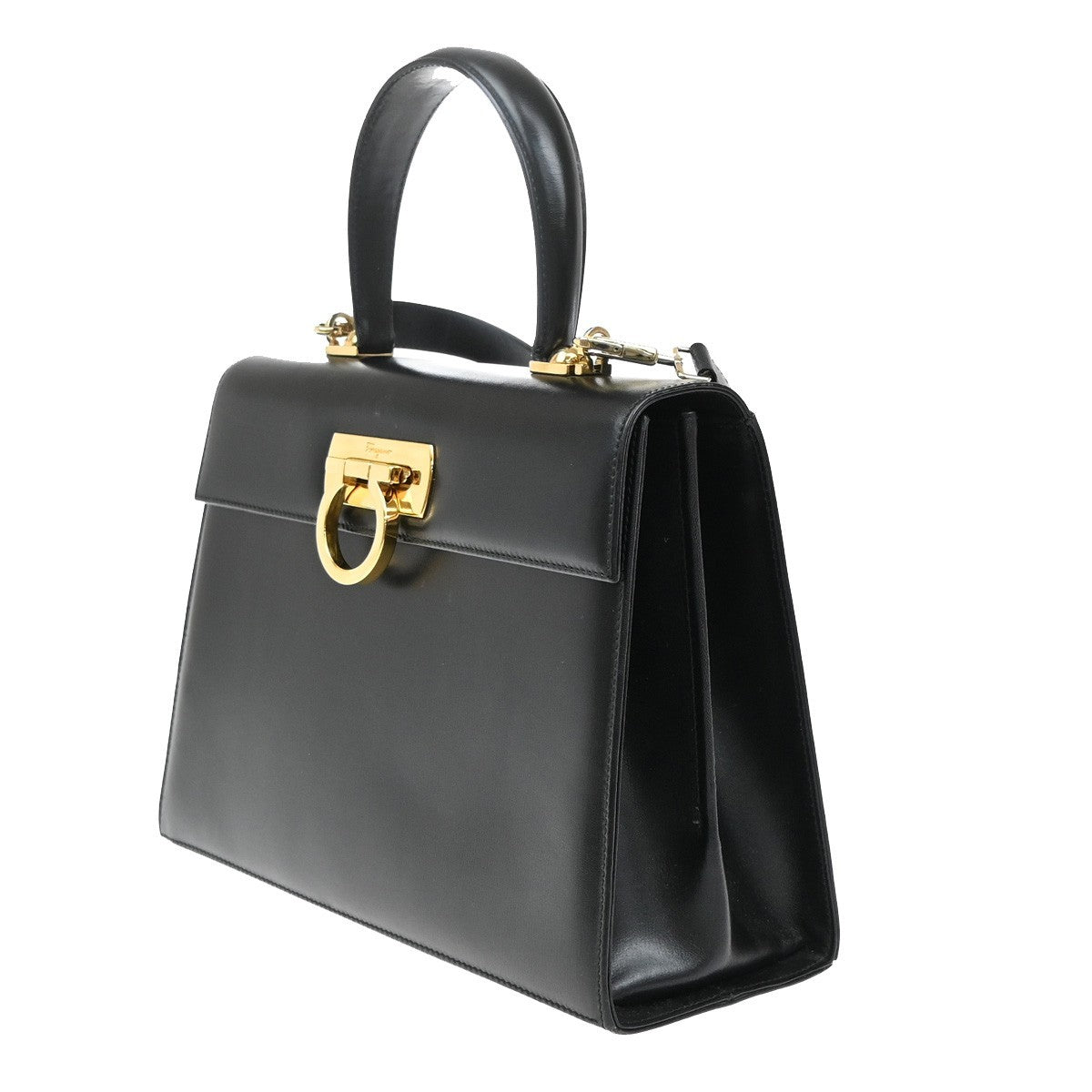 SALVATORE FERRAGAMO Logo Gancini Hand Bag Leather Black GHW Italy 84RF671
