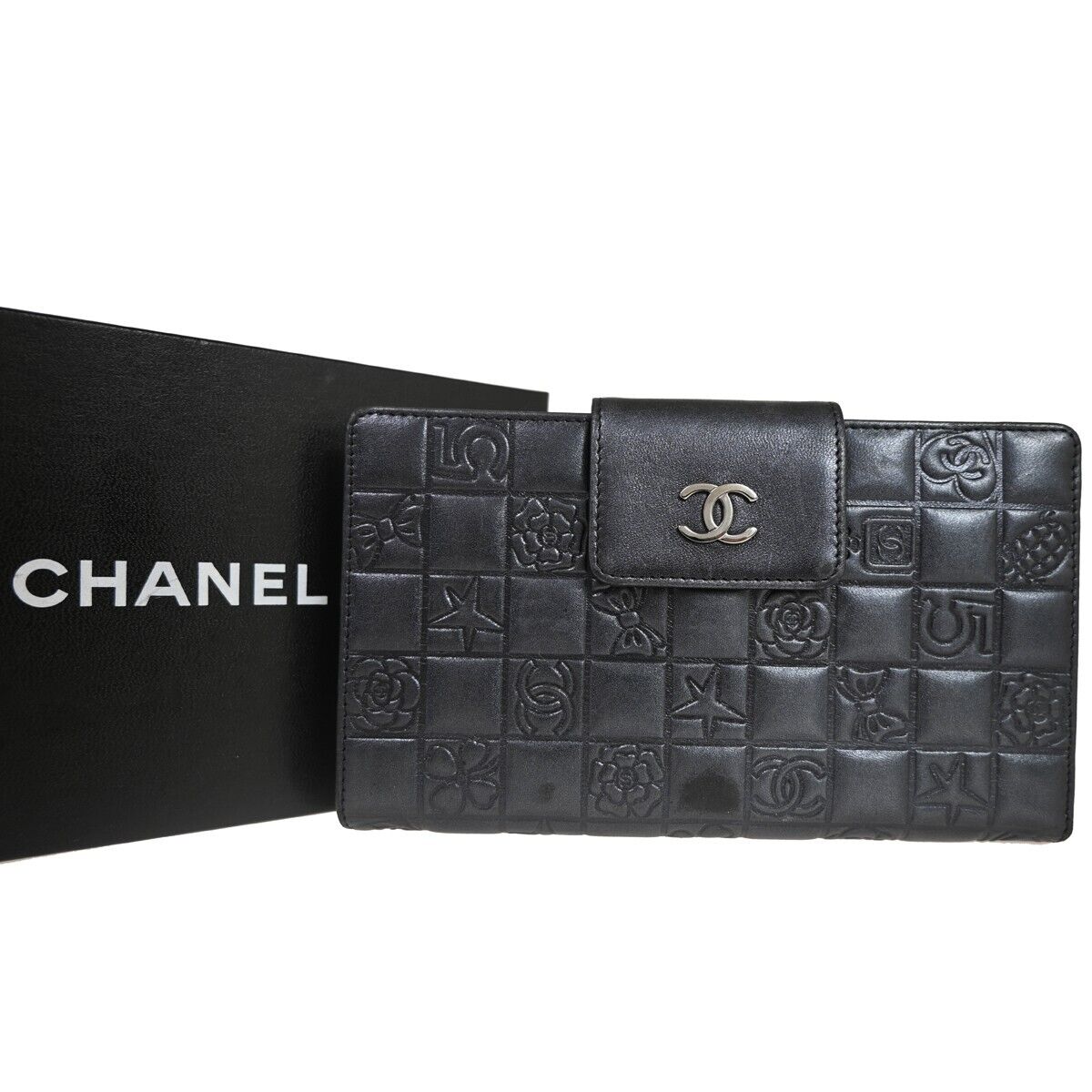 CHANEL CC Logo Icon Long Bifold Wallet Purse Leather Black SHW Italy 82RJ306