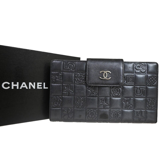 CHANEL CC Logo Icon Long Bifold Wallet Purse Leather Black SHW Italy 82RJ306
