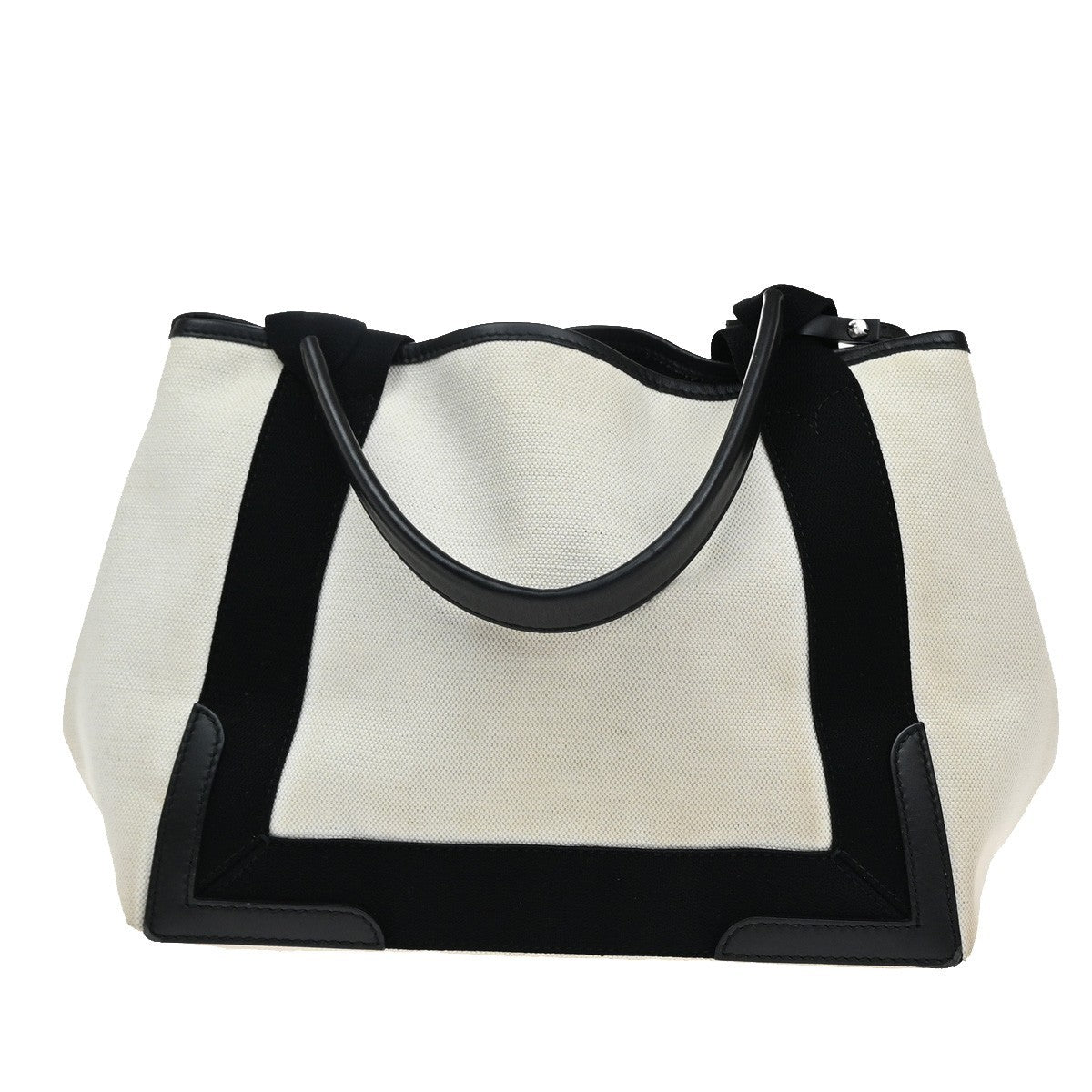 BALENCIAGA Logo Navy Cabas S Hand Tote Bag Canvas Leather Black White 34EF266