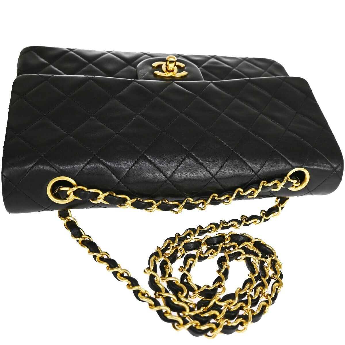 CHANEL CC Matelasse 25 Double Flap Chain Shoulder Bag Leather Black GHW 726RJ450
