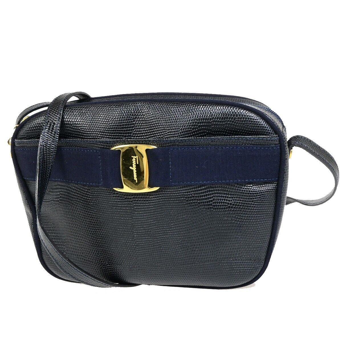 SALVATORE FERRAGAMO Vara Mini Shoulder Bag Embossing Leather Blue 69FB072